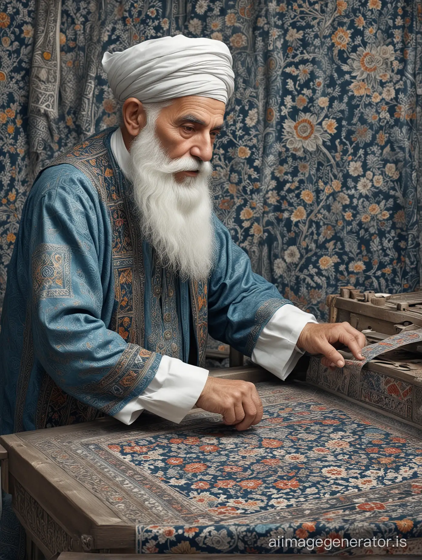 Elderly blue grey man with white beard using industrial pigment digital printing machine; Persian folk art fabric adorned with traditional motifs; old-fashioned style; hyper-realistic.