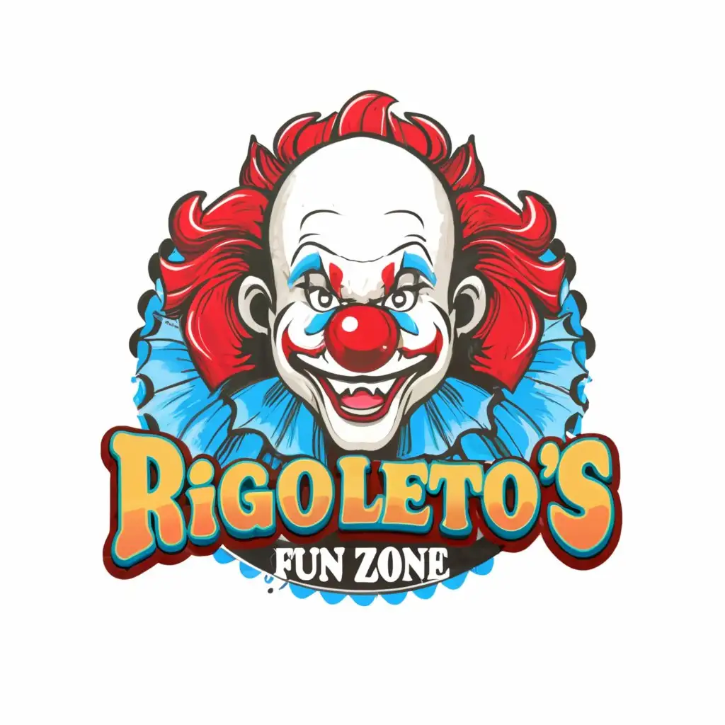 a logo design,with the text "rigolettos fun zone", main symbol:a giant clowns head,Moderate,be used in Events industry,clear background