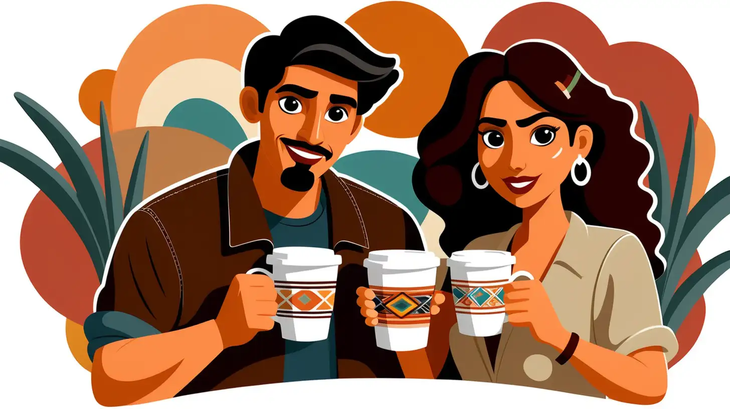 a vector of a couple holding a coffee mug with a hispanic culture and vibe 