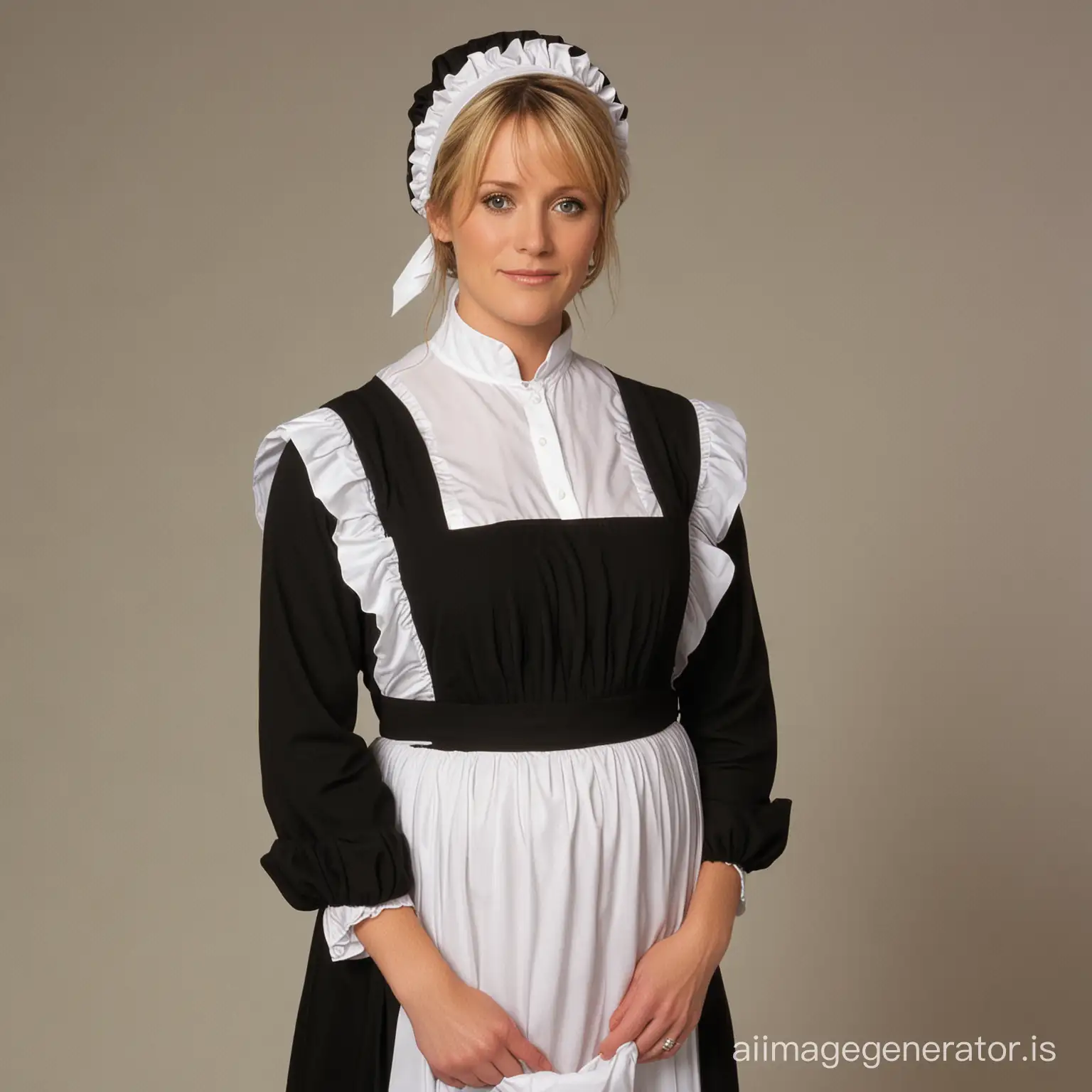 Pregnant Samantha Carter dressed in a floor-length black amish dress with a white apron around her waist , her hair covered by a white bonnet