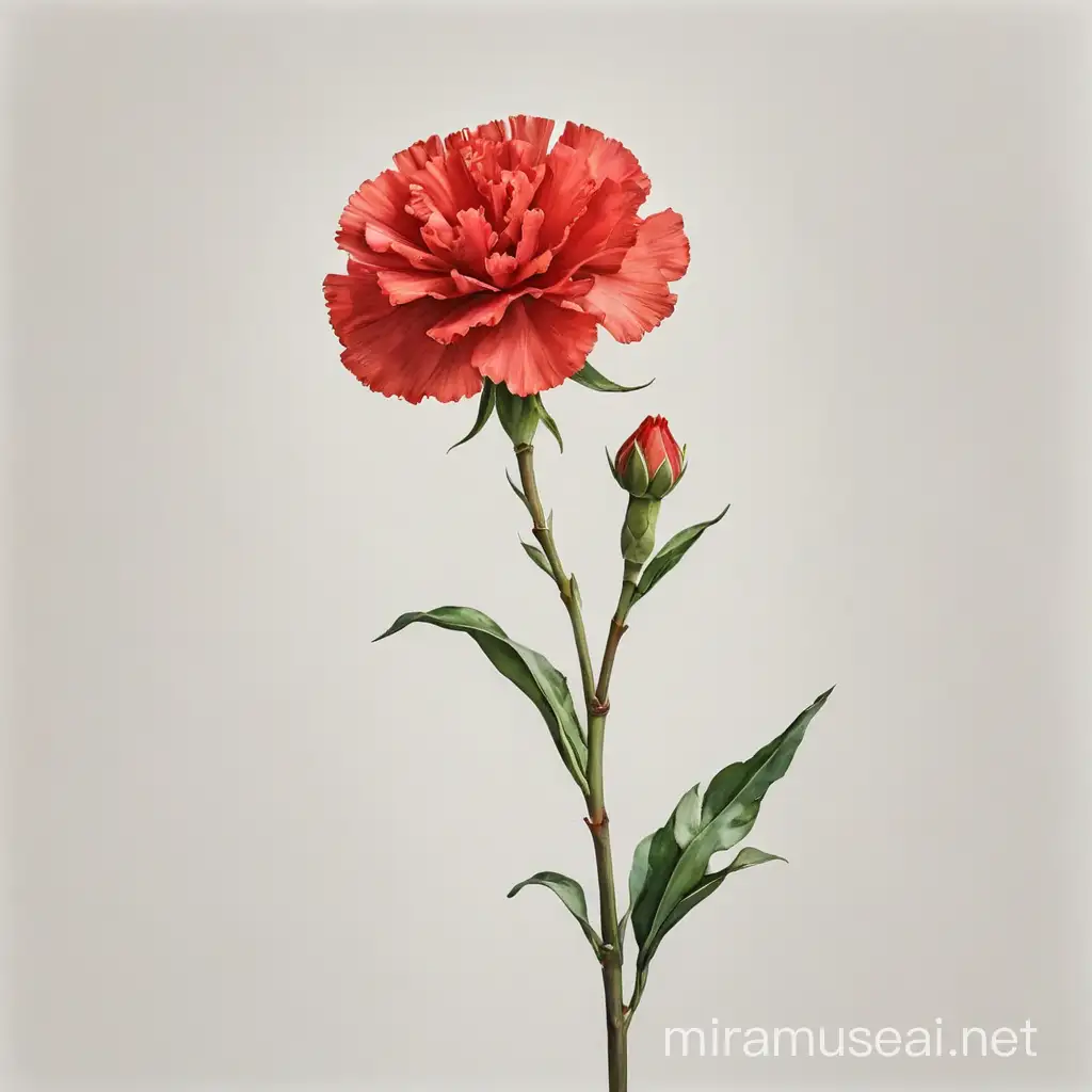 red carnation flower with long stem in white background in watercolor pseudo style