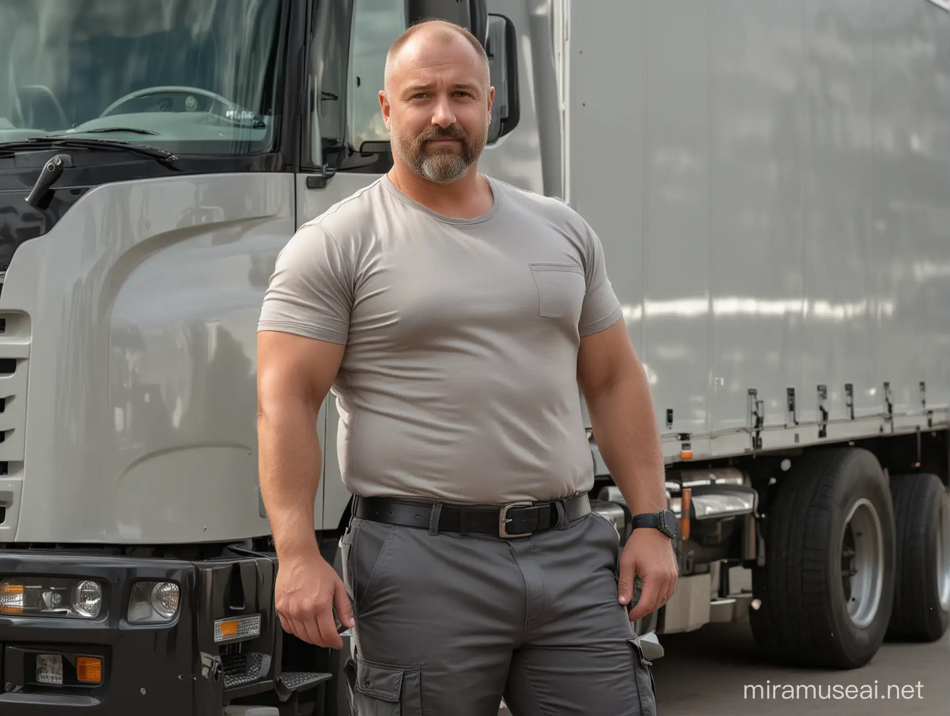 Realistic Photo of Charismatic Truck Driver Daddy Poses Proudly in Finland