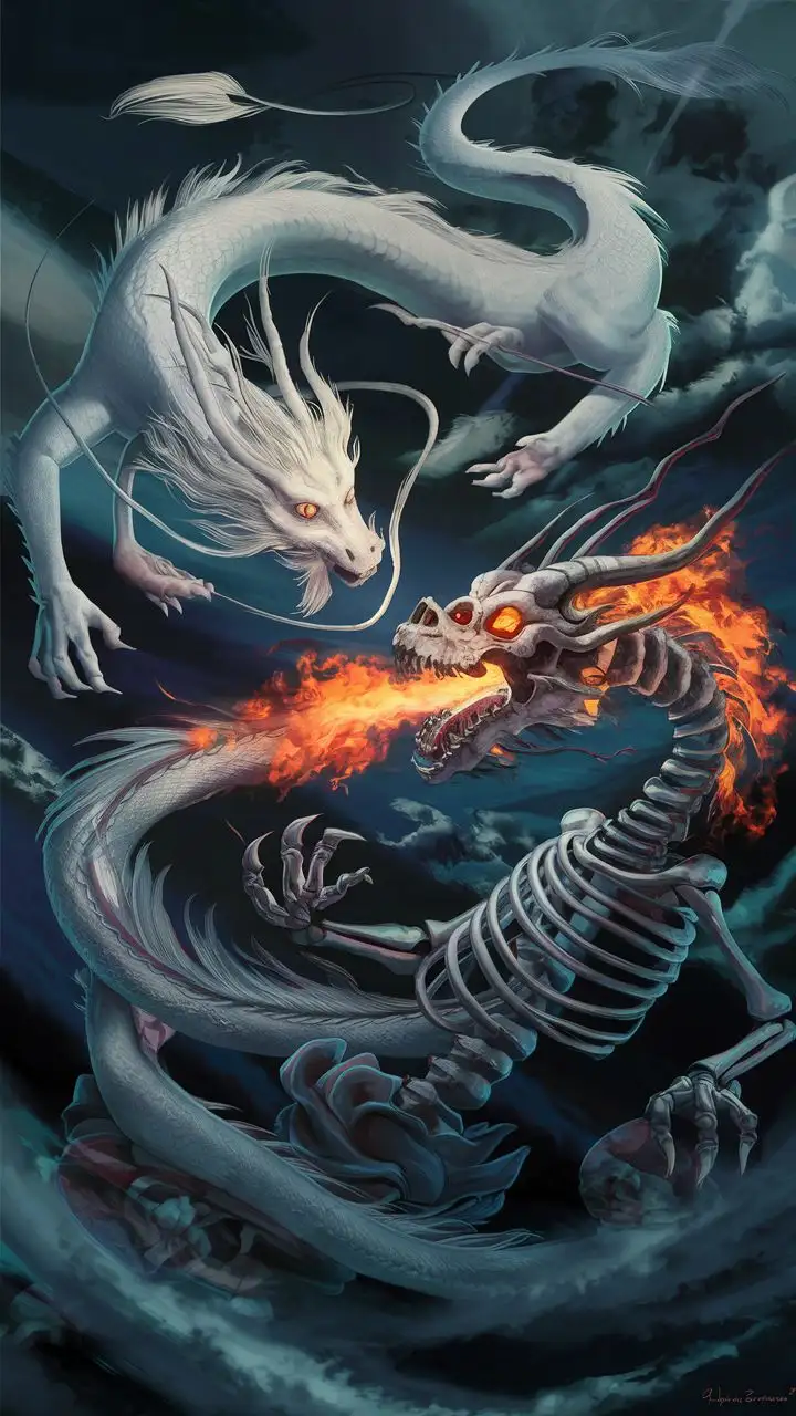 A confrontation between two Chinese dragons in the style of Hokusai, where the gentle white dragon with a long body swings around a scary skeletal dragon with fire coming out of its mouth and tries to kill it.