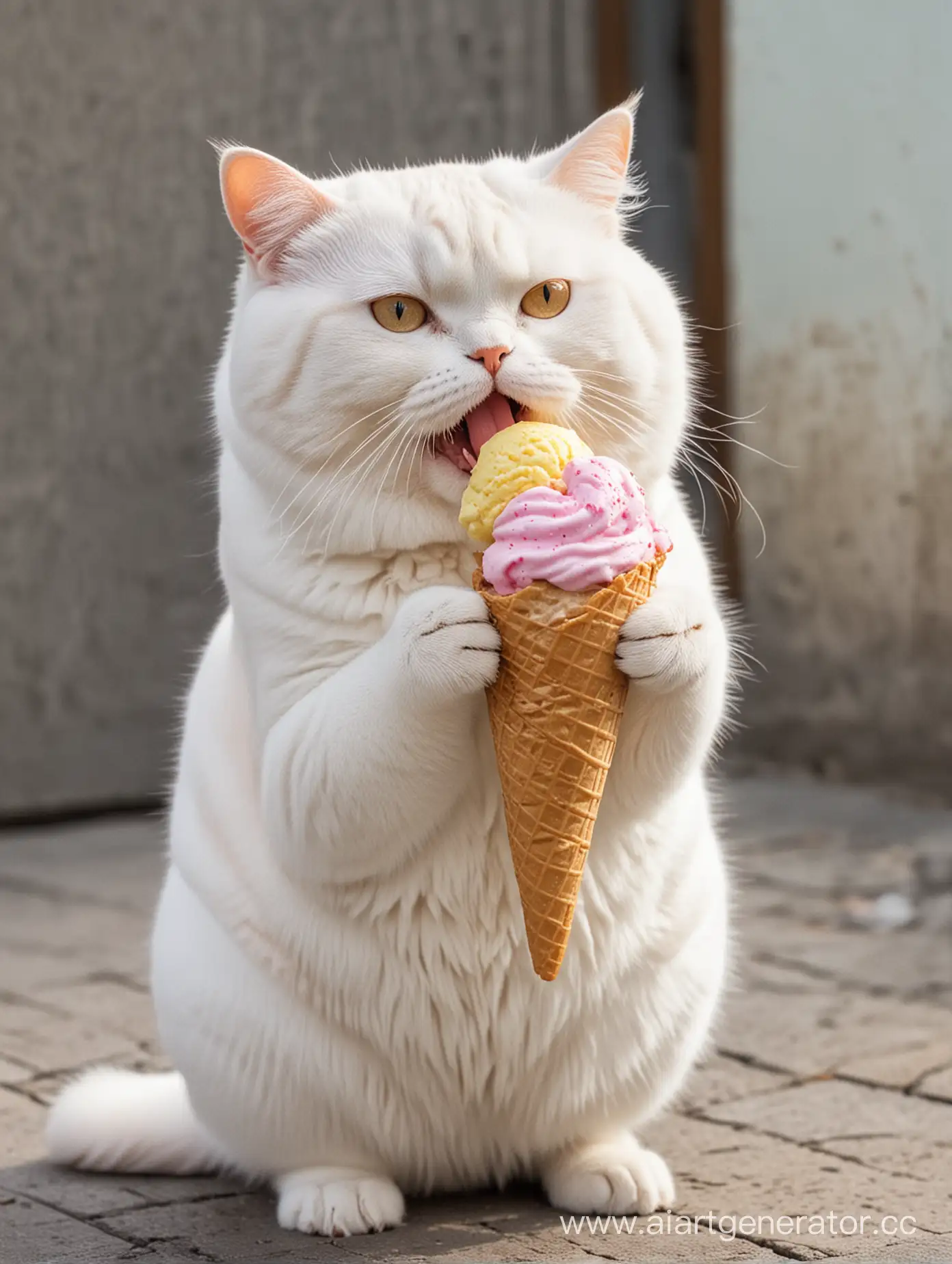 Толстенький котик кушает морожное