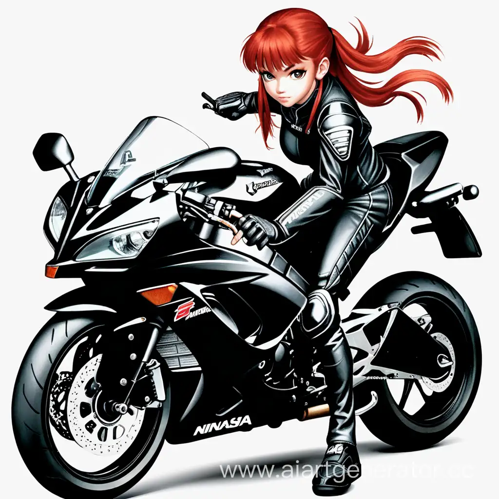 Anime-Girl-with-Red-Hair-Posing-with-Black-Kawasaki-Ninja-Motorcycle