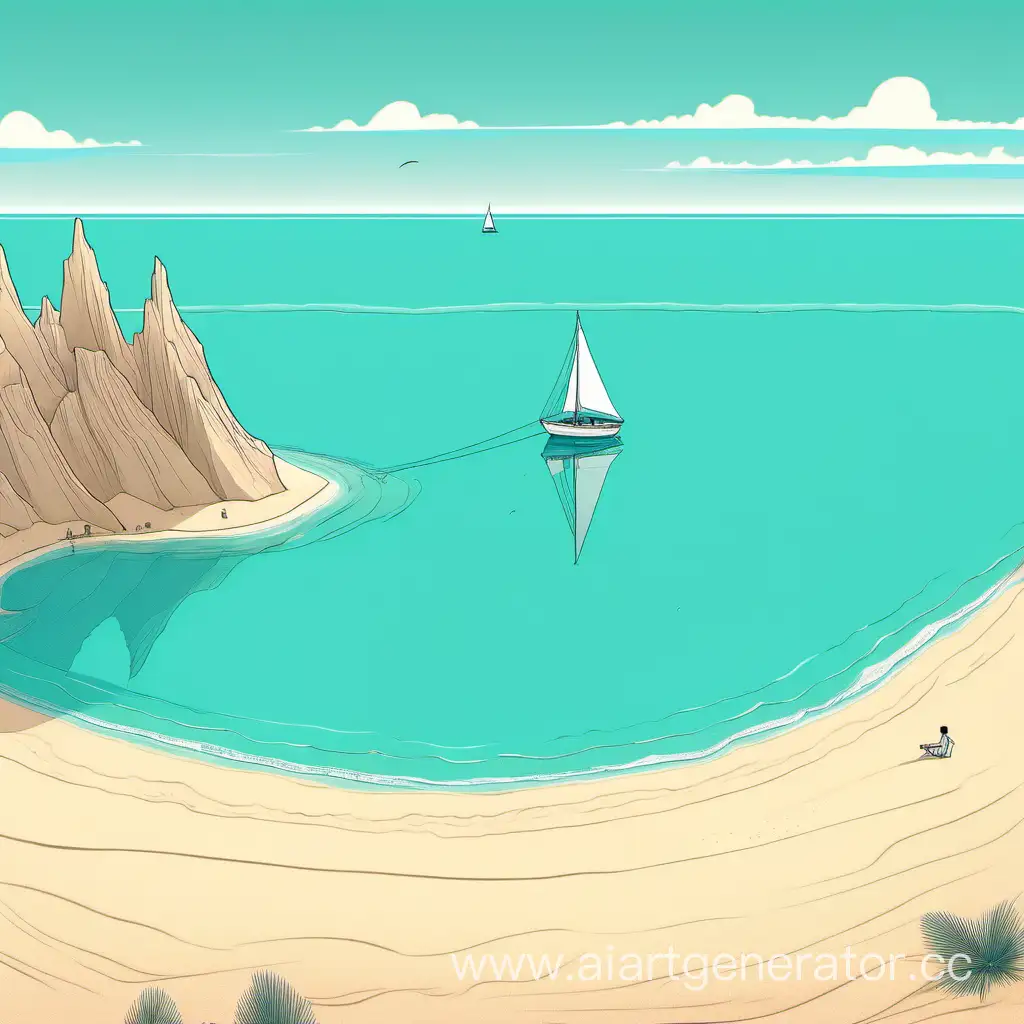 На картинке изображено песчаное побережье с бирюзовой водой, на фоне которого виднеется небольшой парусник. На небе ясное голубое небо. минимализм, птеродактели