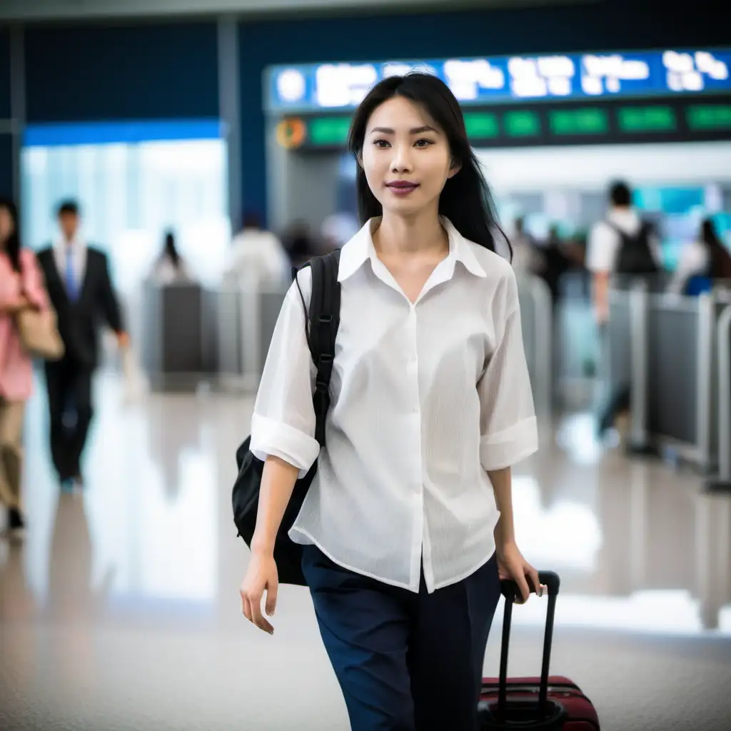 Elegant Asian Woman Exploring Airport Terminal with Sophistication and Style