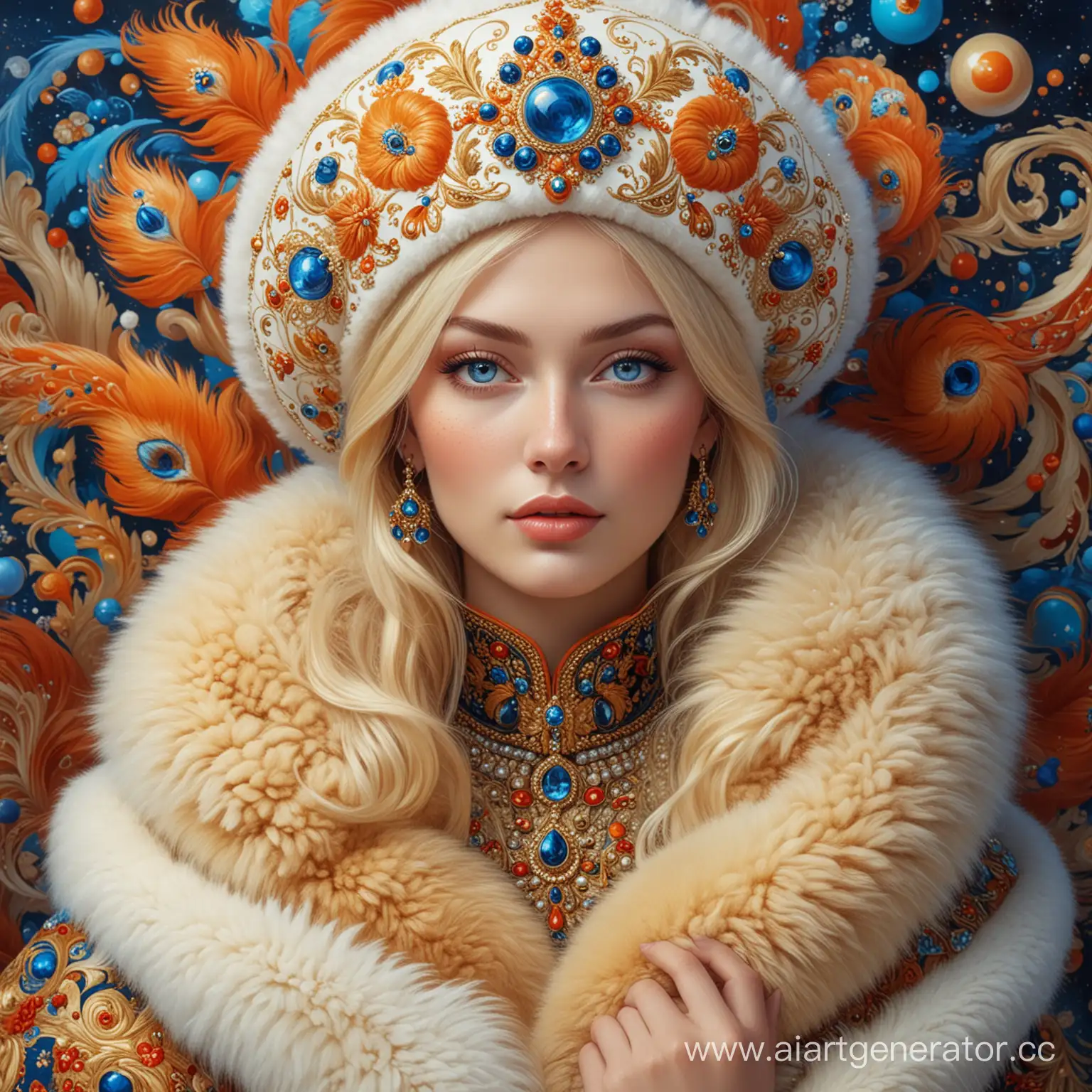 Russian style,patterns,painting,khokhloma.luxurious, full-length Russian girl goddess expressive blue eyes long eyelashes blonde hair ,fur coat hat made of fox fur,digital art,,Kustodiev,colorful swirls of paint,hyper-surreal,many floating spheres,beautiful illustration,space mufflers,5D illustration,colors with ,Delicate detail,Cinematic
