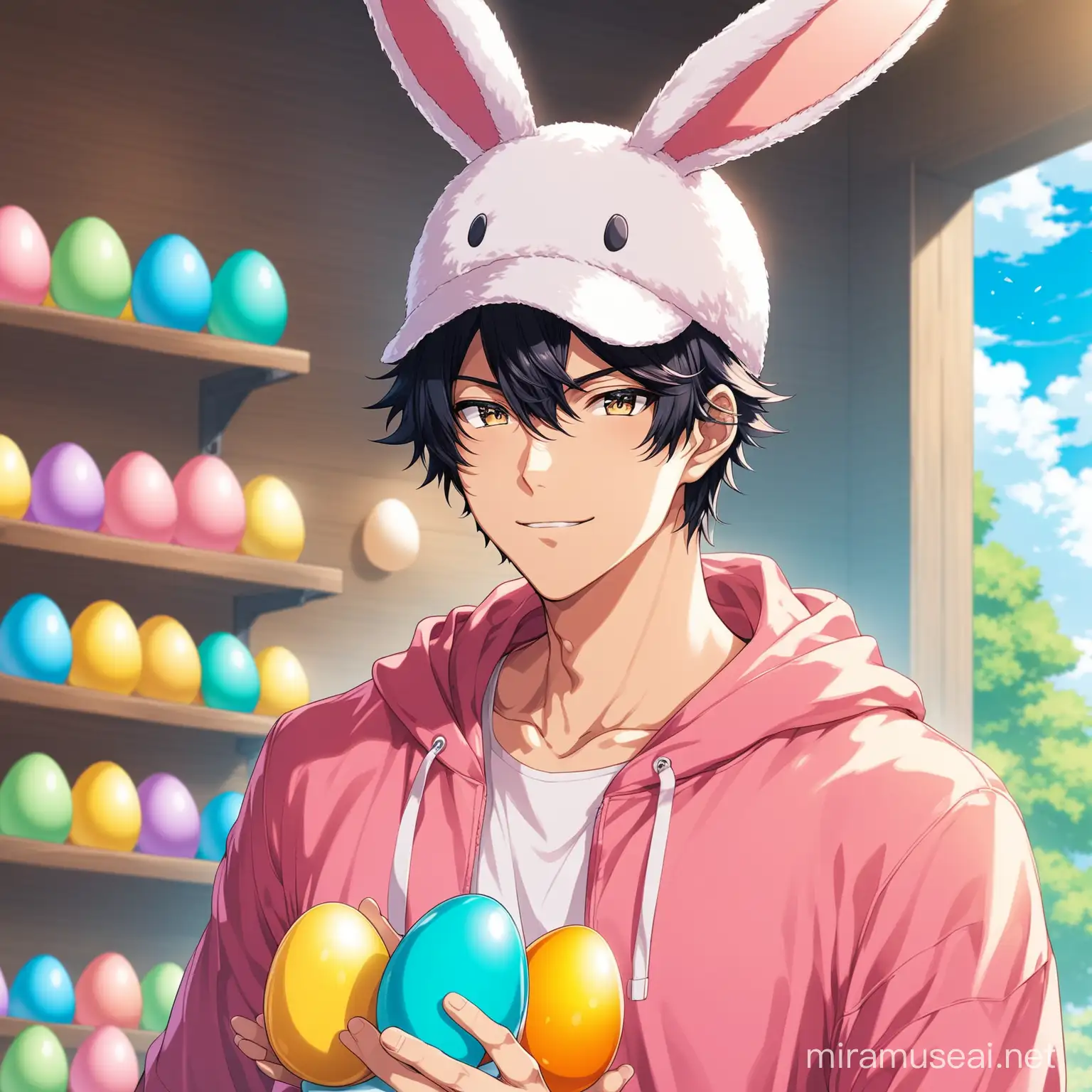 Cool Anime man with bunny hat and Easter egg in background