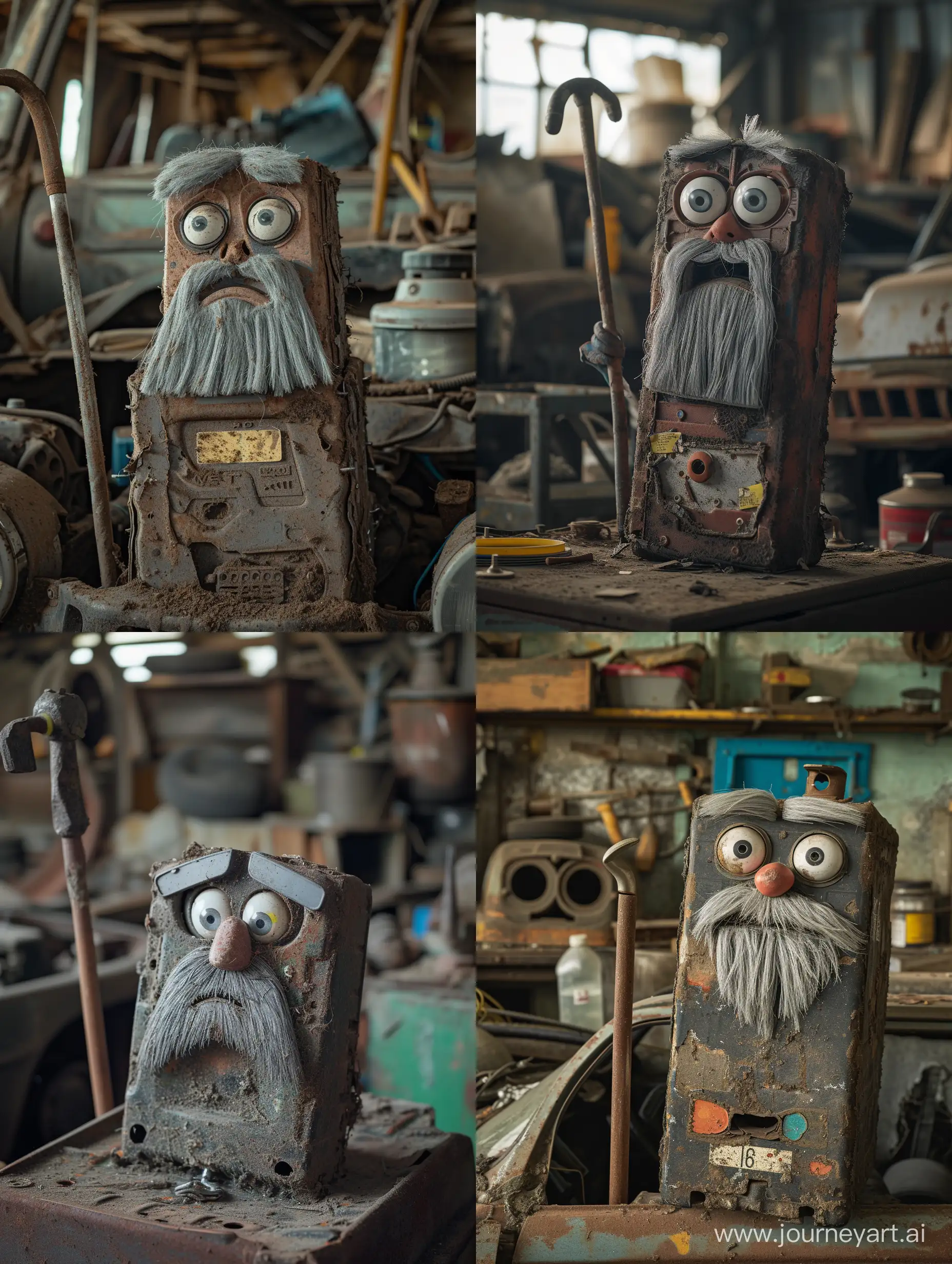 an old car battery with eyes, nose, and mouth, have grey hair, grey long beard, grey eyebrows, holding a cane, sad face, in a really old and dirty car, in a really old workshop, shallow depth of field, sony alpha 1, V6.