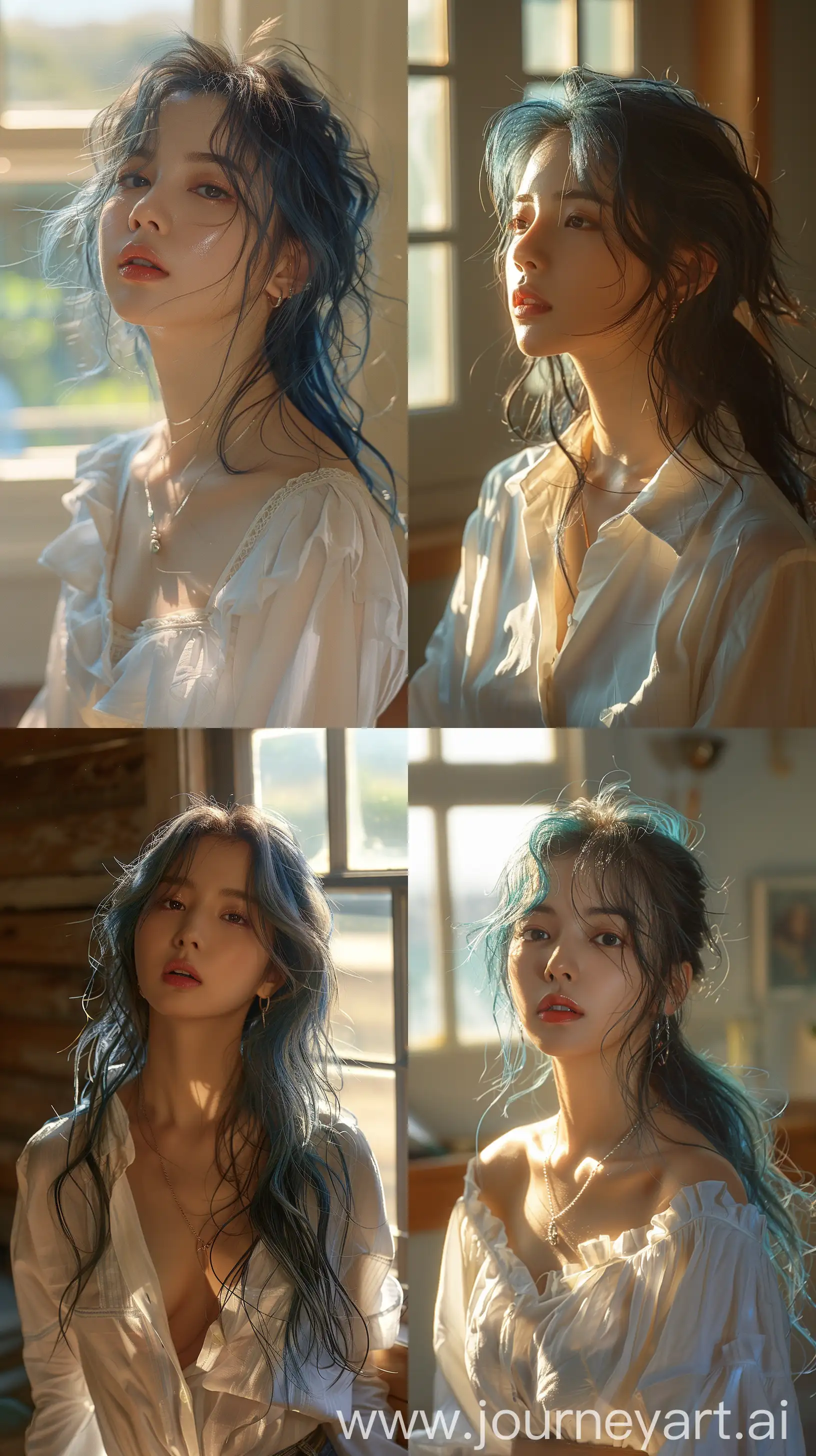 Blackpinks-Jennie-in-White-Shirt-with-Blue-Wolfcut-Hair-in-Sunlit-Room