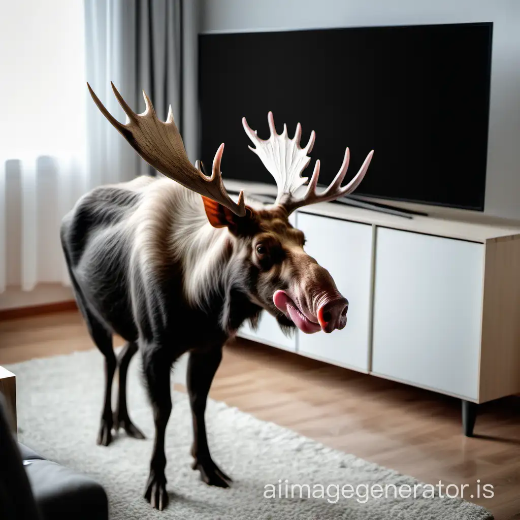 Cross breed between moose with horns and pig, watching tv in livingroom
