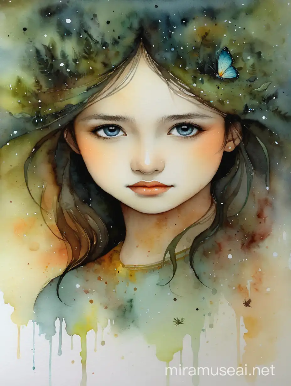 gentle beautiful girl, watercolour, style by Andy Kehoe