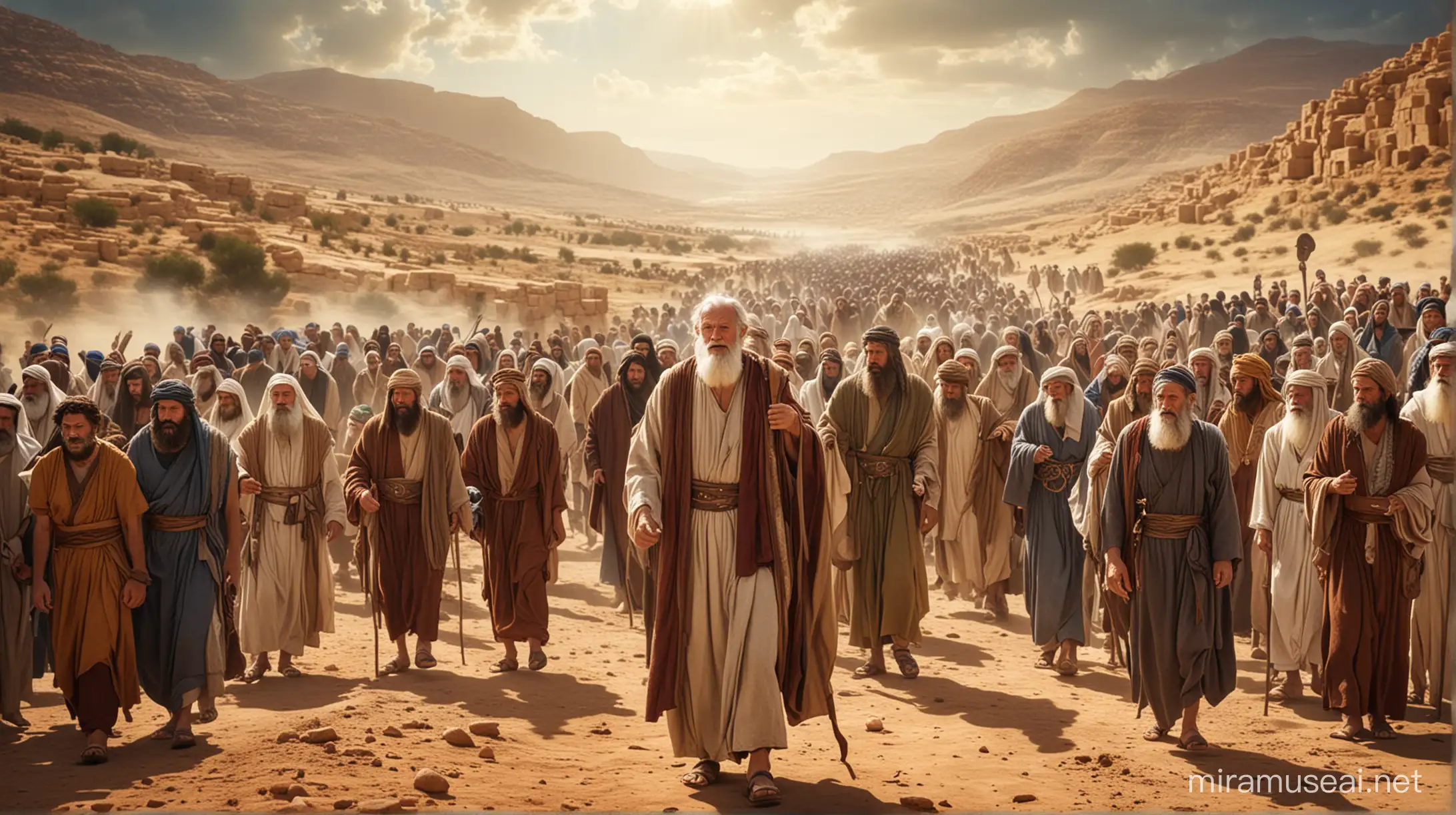 Moses from the bible in the book of Deuteronomy as an old man Leading a multitude of Israelites before they enter into the Promised Land.