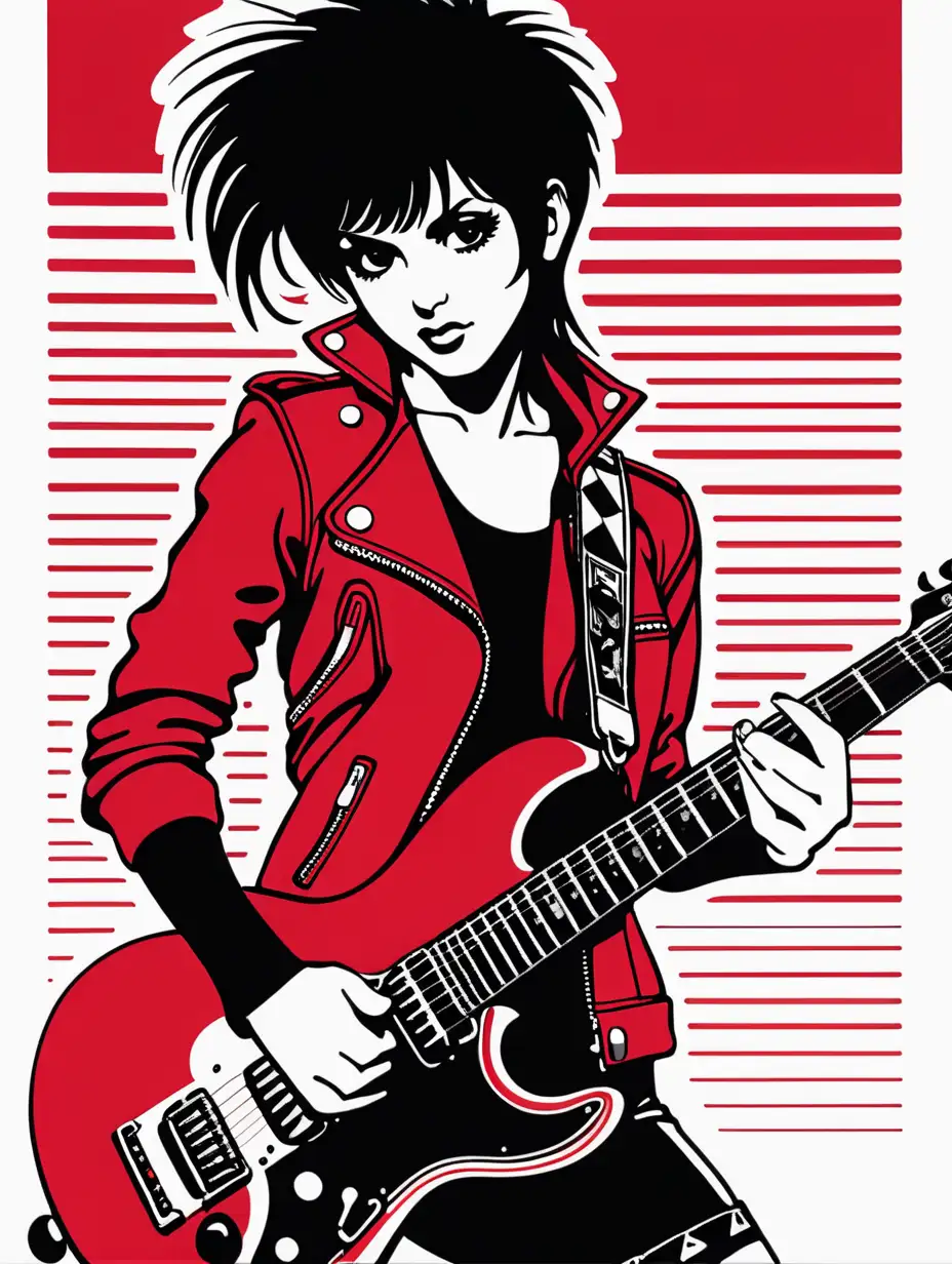 Anime Joan Jett Guitarist in Red Jacket Bold Halftone Poster Design ...