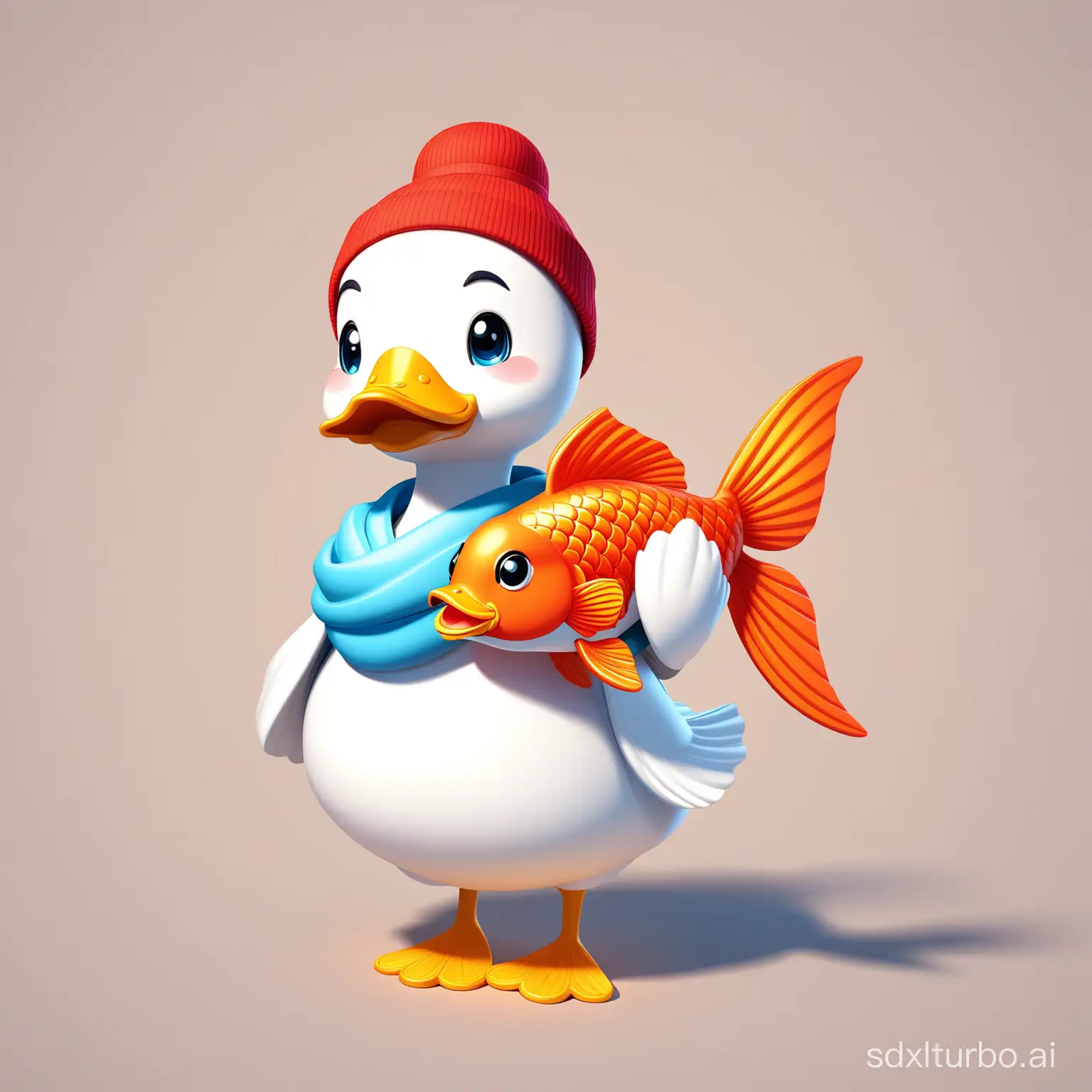 A white duck, holding a toy resembling a Chinese koi fish, cute, casual clothing, 3D Disney style