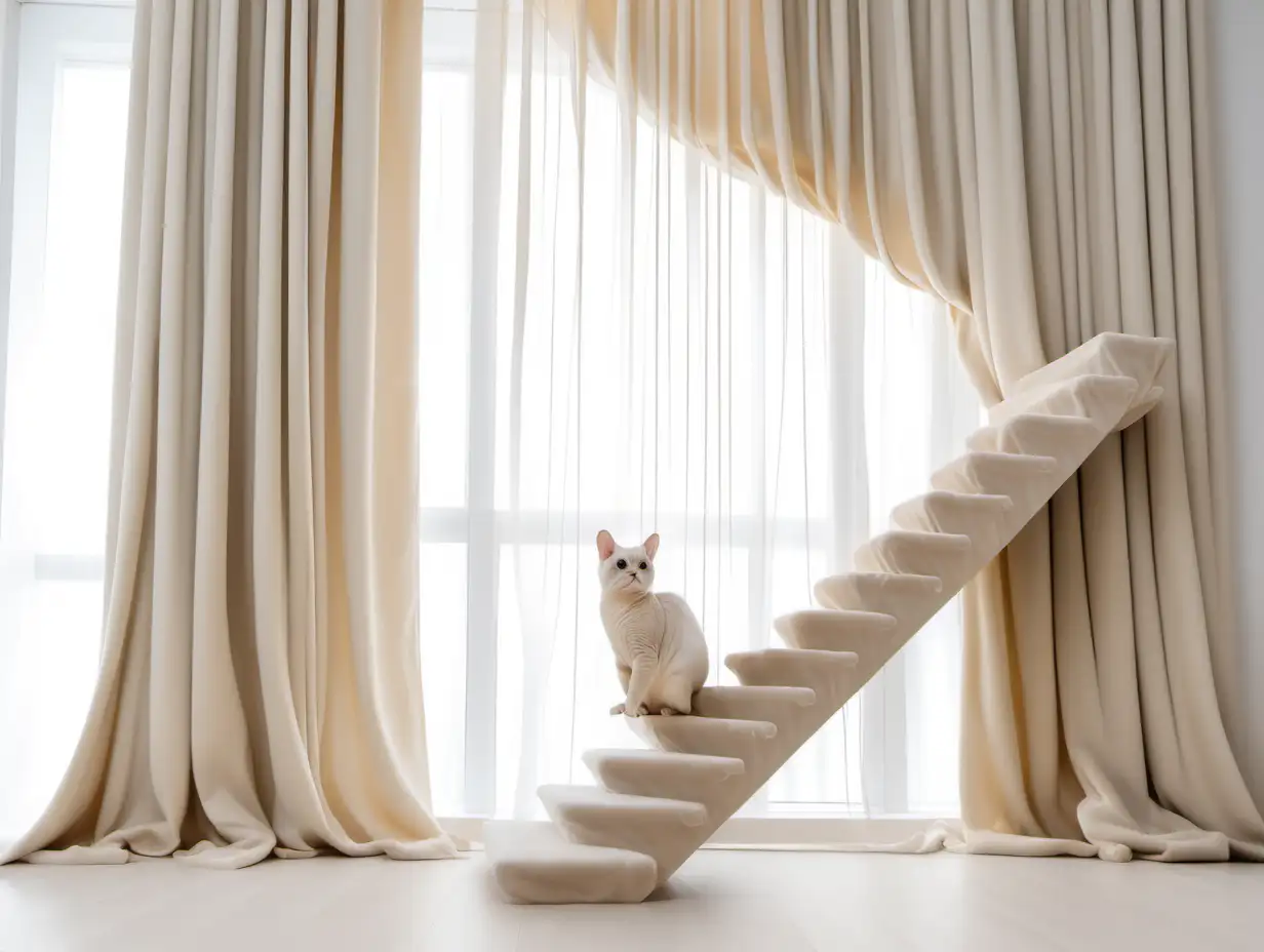 В дорогом минималистичном интерьере в молочных тонах на заднем плане котик британская золотая шиншила хочет залезть на молочную штору. интерьер должен быть двухэтажный с роскошной лестницей. в стиле лофт