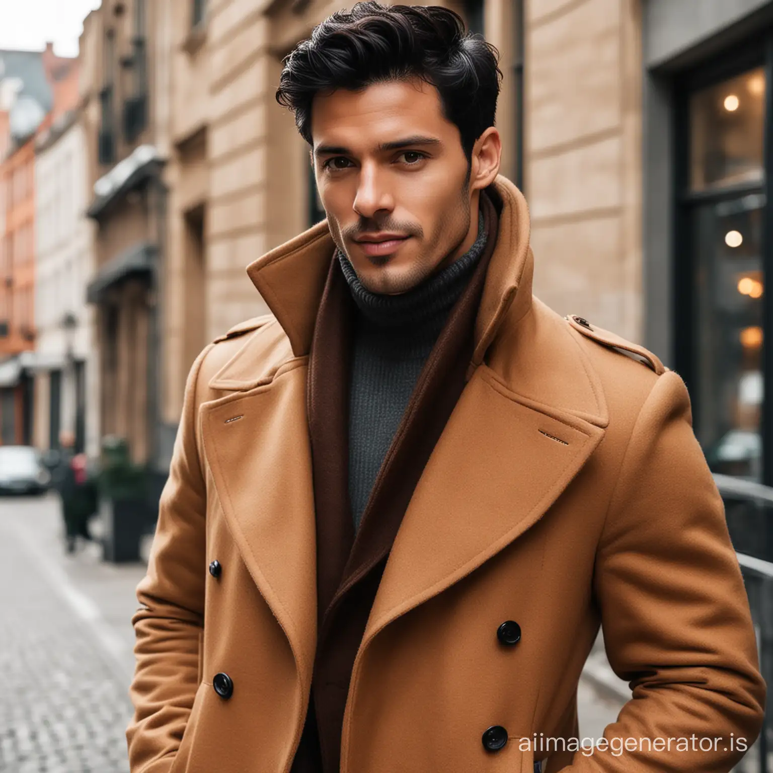A stylish black hair man in coffe brown coat
