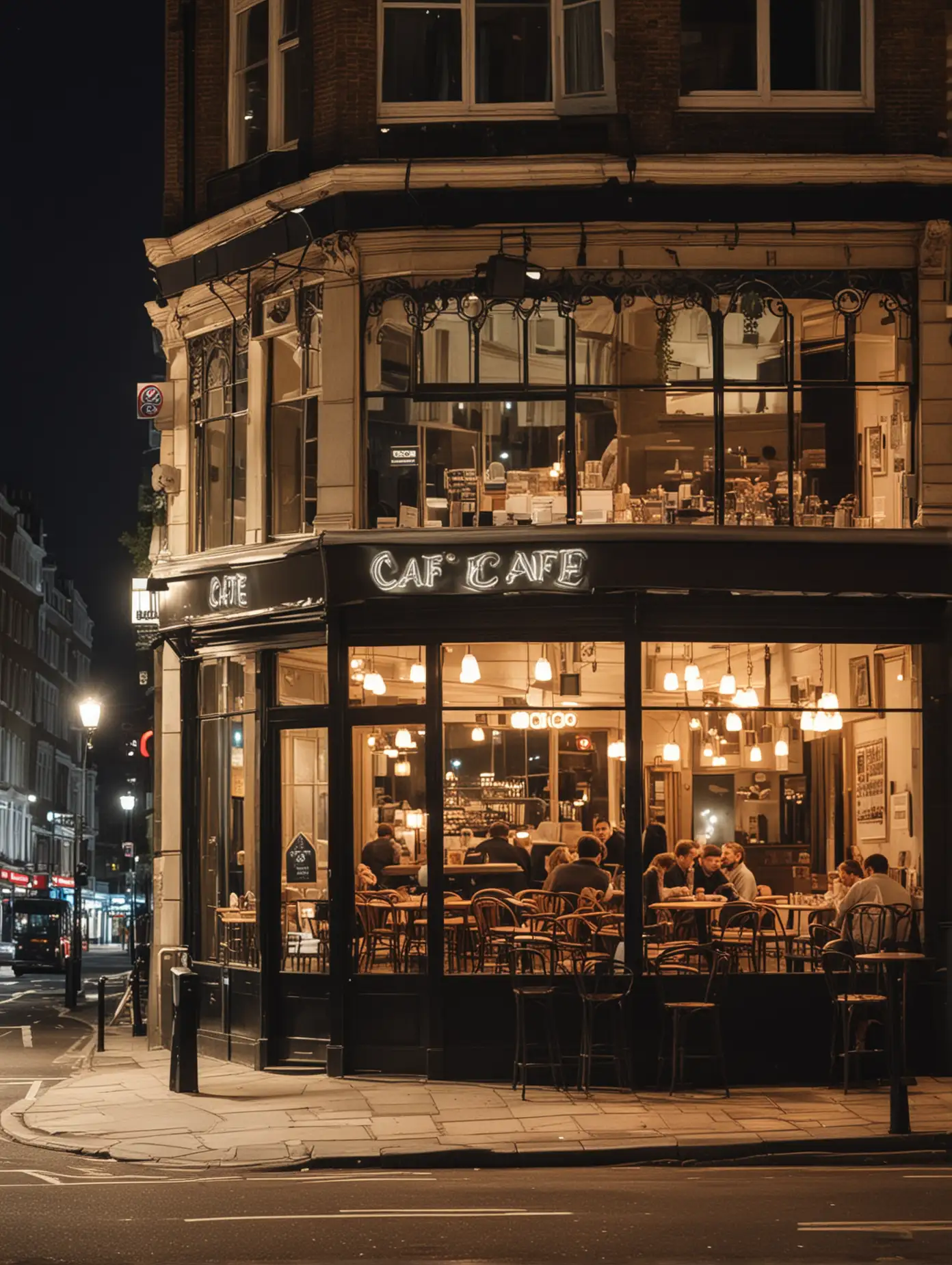 A cafe in London at night