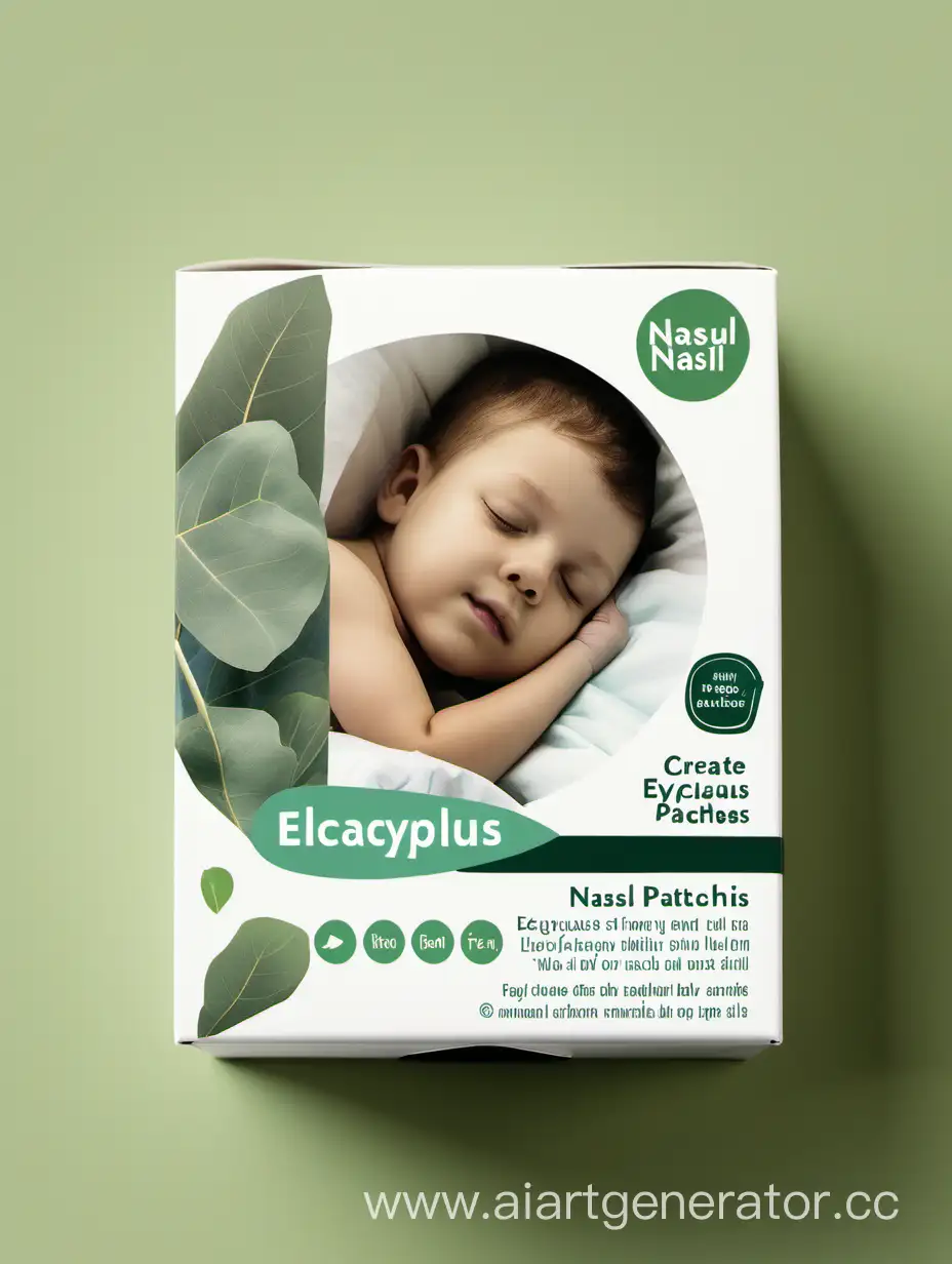создай дизайн коробки для пластырей с эвкалиптом от насморка чтоб на картинке был спящий ребенок