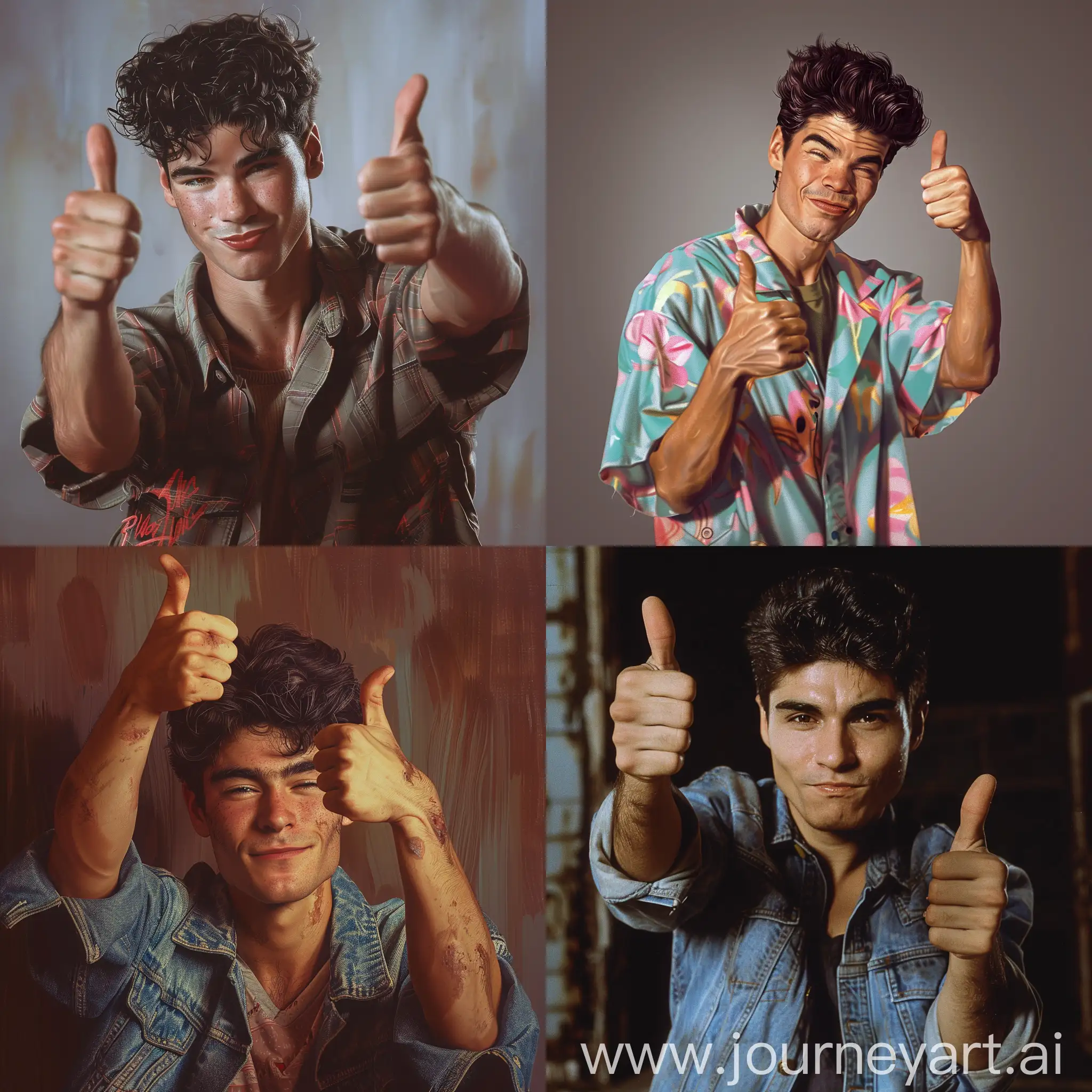 Depict a life-like portrait of Raël from the 80’s giving two thumbs up and doing a wink. Make it look like it was shot on a large format camera with portra 400 film.