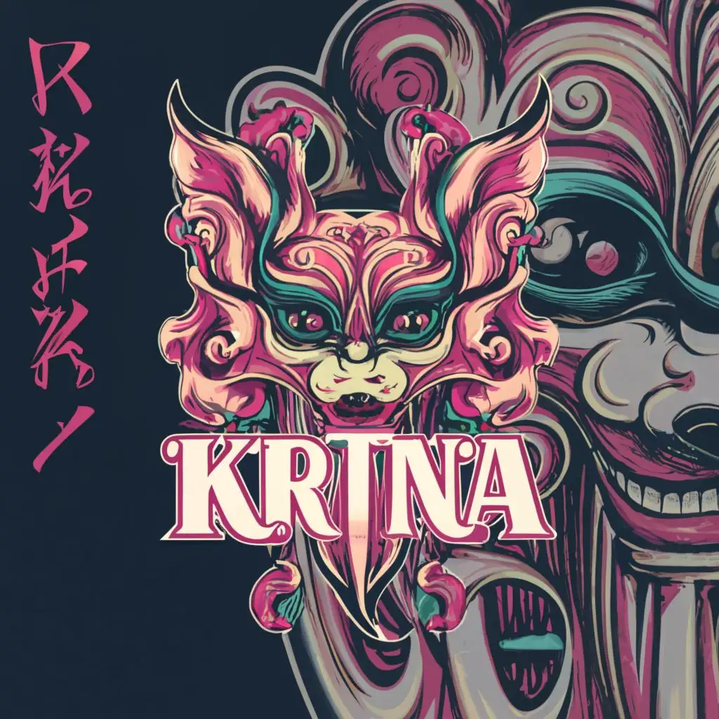 LOGO-Design-for-Kriina-Japanese-Fox-Kabuki-Mask-with-Kanji-Font-in-Black-Pink-and-Teal