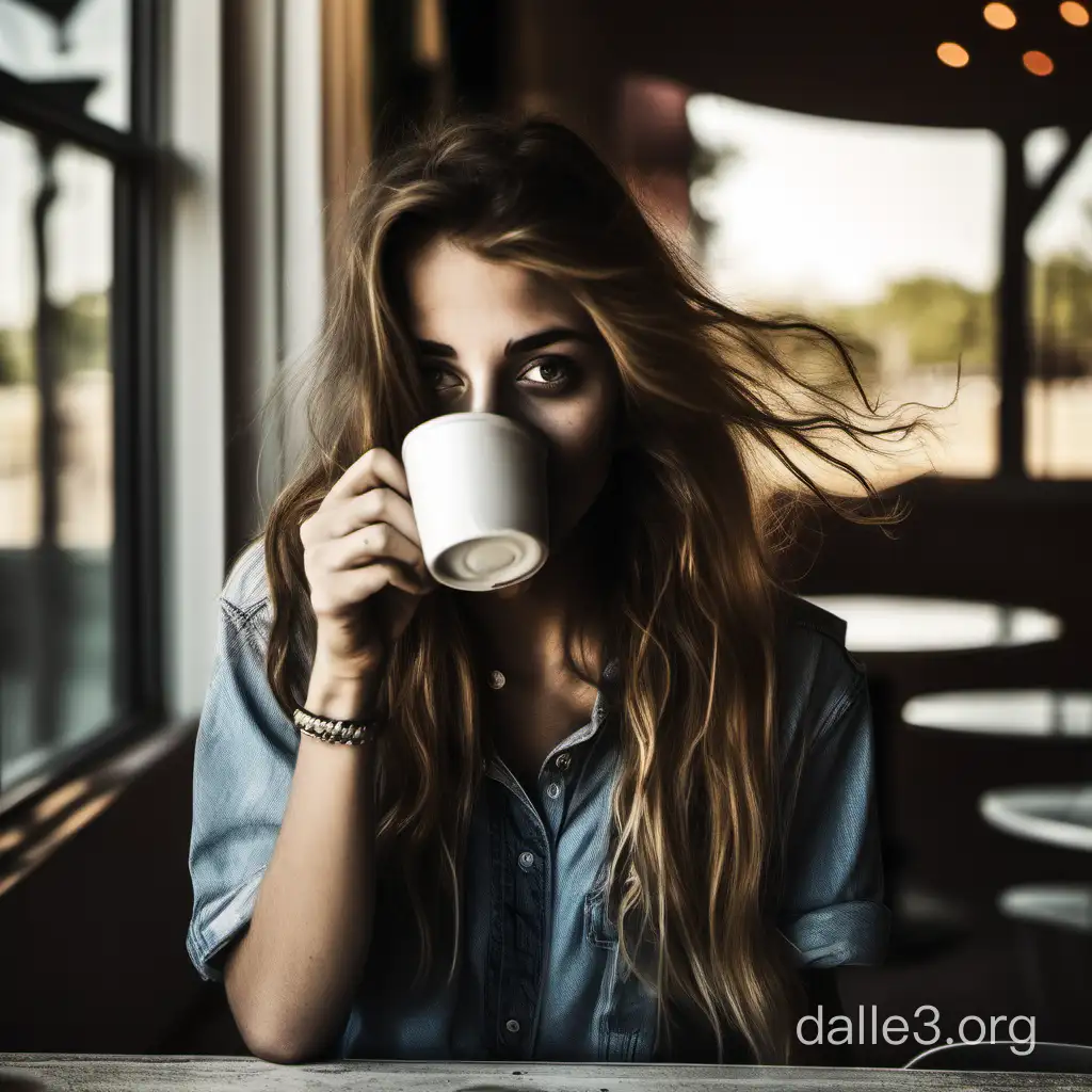 careless and cool young beautiful texas girl drinks her coffee