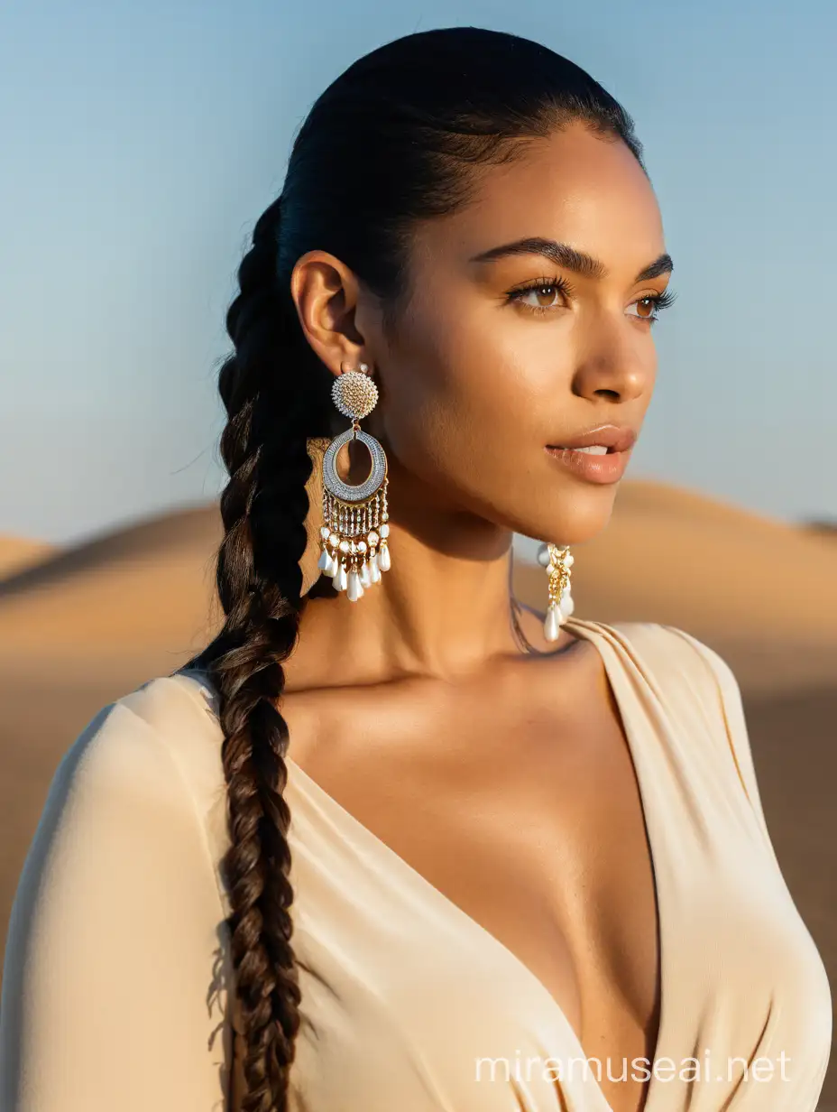 A real women model mixed race, professional photoshoot modelling small earrings, using a dress with cream colors, profile photoshoot looking the horizont