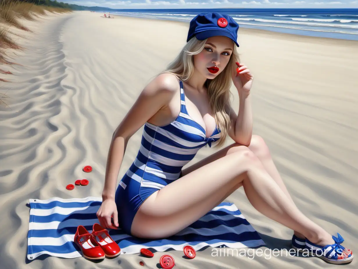 perfect lighting, young girl, blonde with long hair, bright red lips, in a blue navy cap, in a blue swimsuit, red buttons on the swimsuit, white stripes on the chest, big breasts, blue shoes, sitting on the sand on the beach, clear face, masterpiece, high quality, photorealism