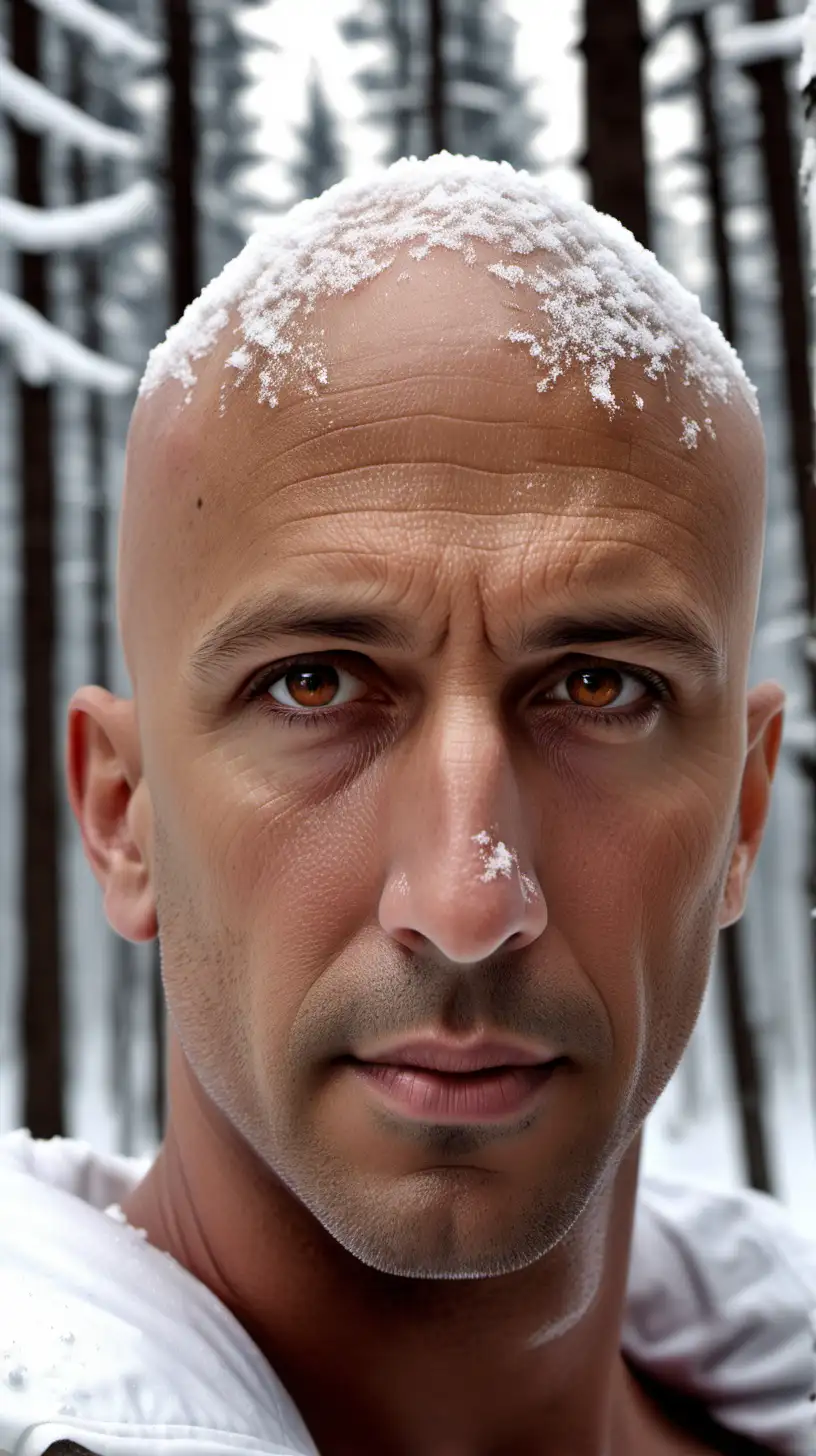 male, white, tanned, close up, show only half face in photo,  bald, brown eyes, snowy forest in background, 1080f resolution, ultra 4K, high definition, volumetric light
