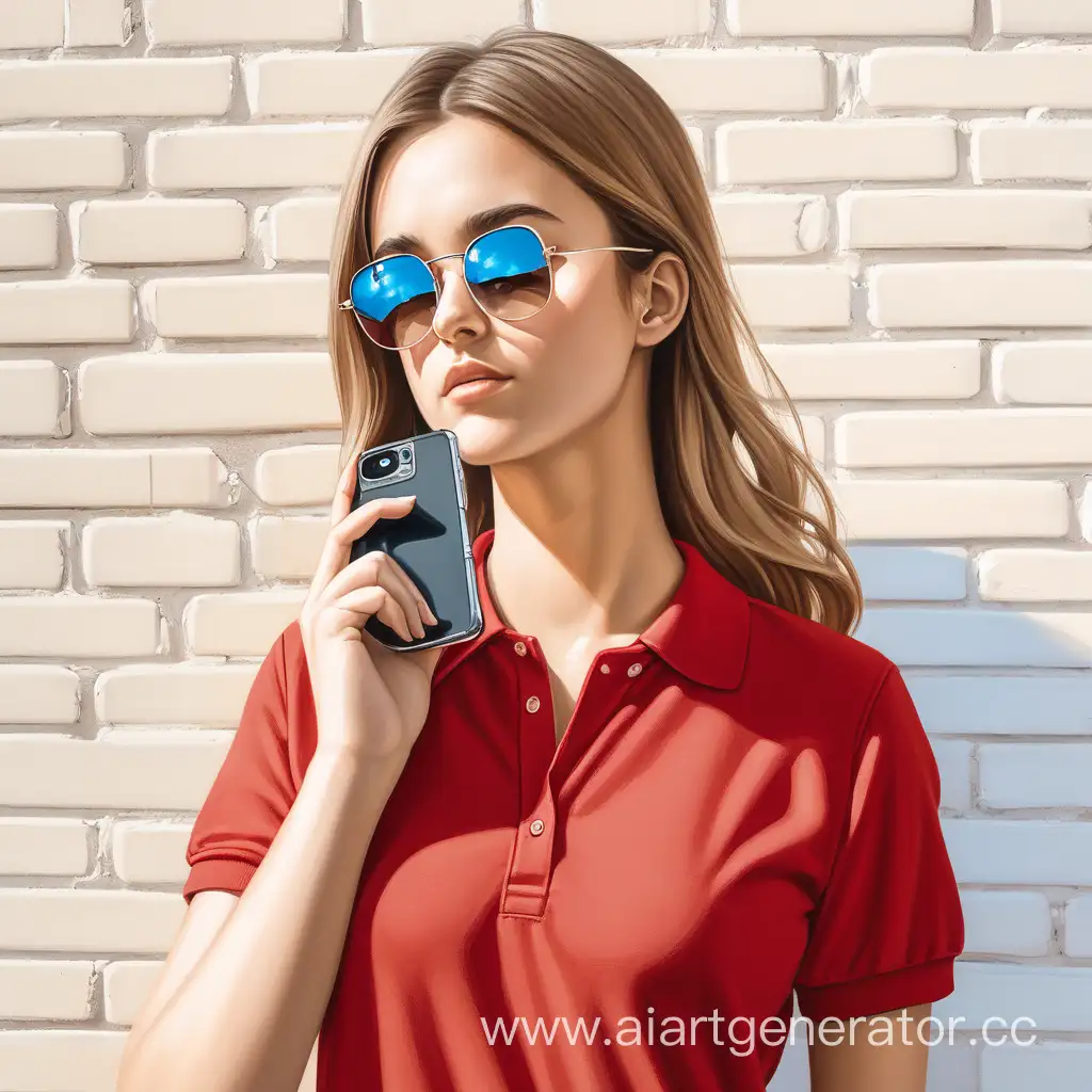 девушка с распущенными светло-русыми волосами и в красной футболке-поло в прямоугольных солнечных очках стоит с телефоном в руке около белого кирпичного фона