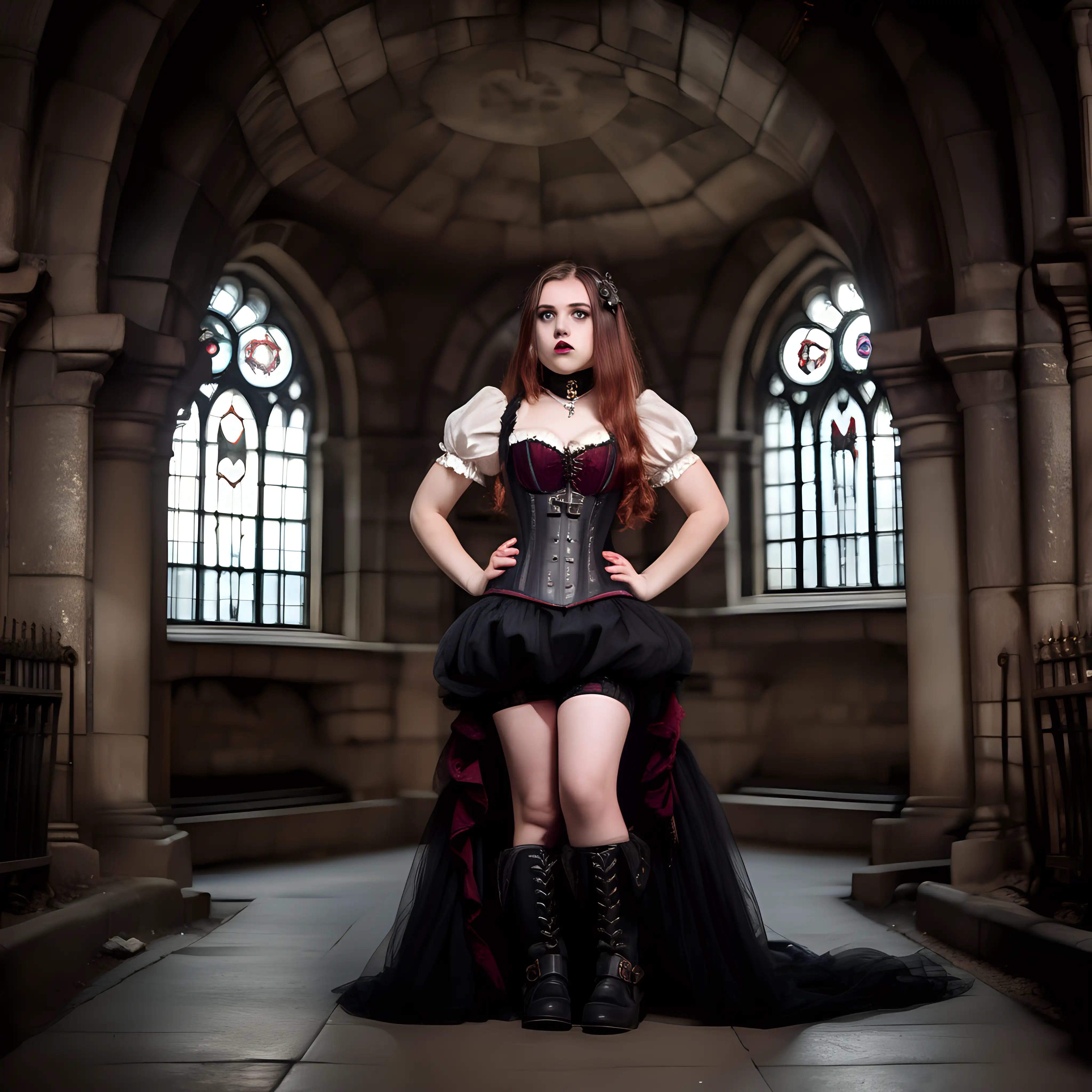 Steampunk Vampire, Victorian, 18 year old woman, corset, boots, standing in a Victorian crypt