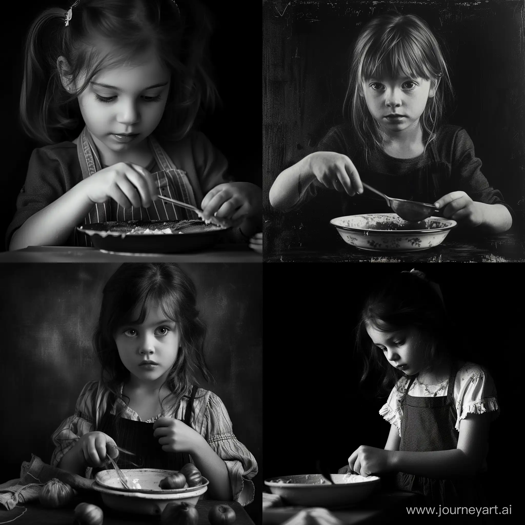 black canvas, young girl, black and white colour, girl likes to cook