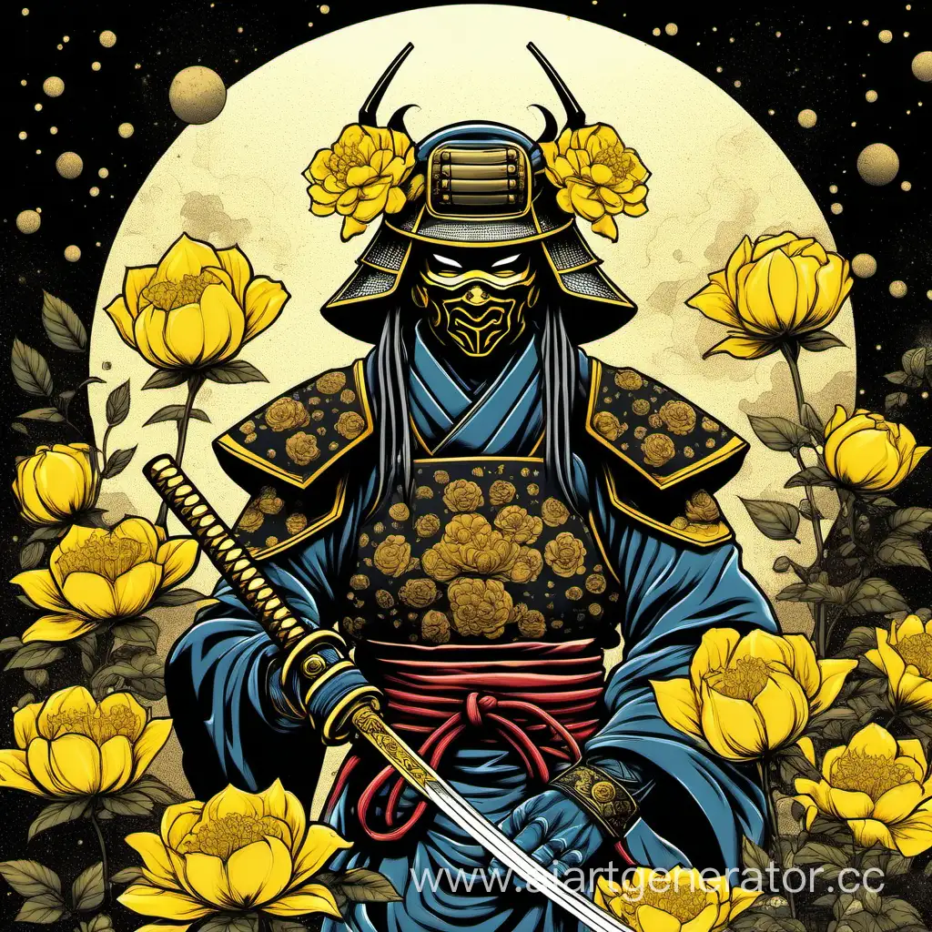 Cosmic-Samurai-with-Mask-and-Yellow-Japanese-Rose-Flowers