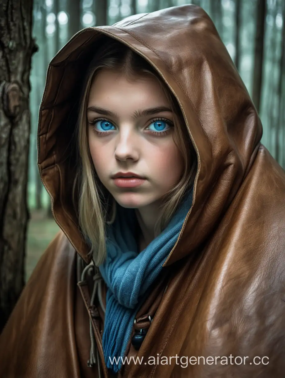 Young woman with blue eyes, by cape covered head, a brown leather cape sitting in a old camp tent, dark forrest