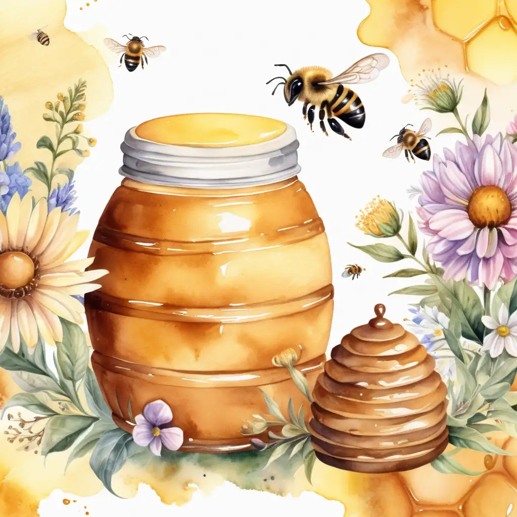 Ett stort bi , bikupa, honungsburk , bivax , blommor , med vattenfärg 