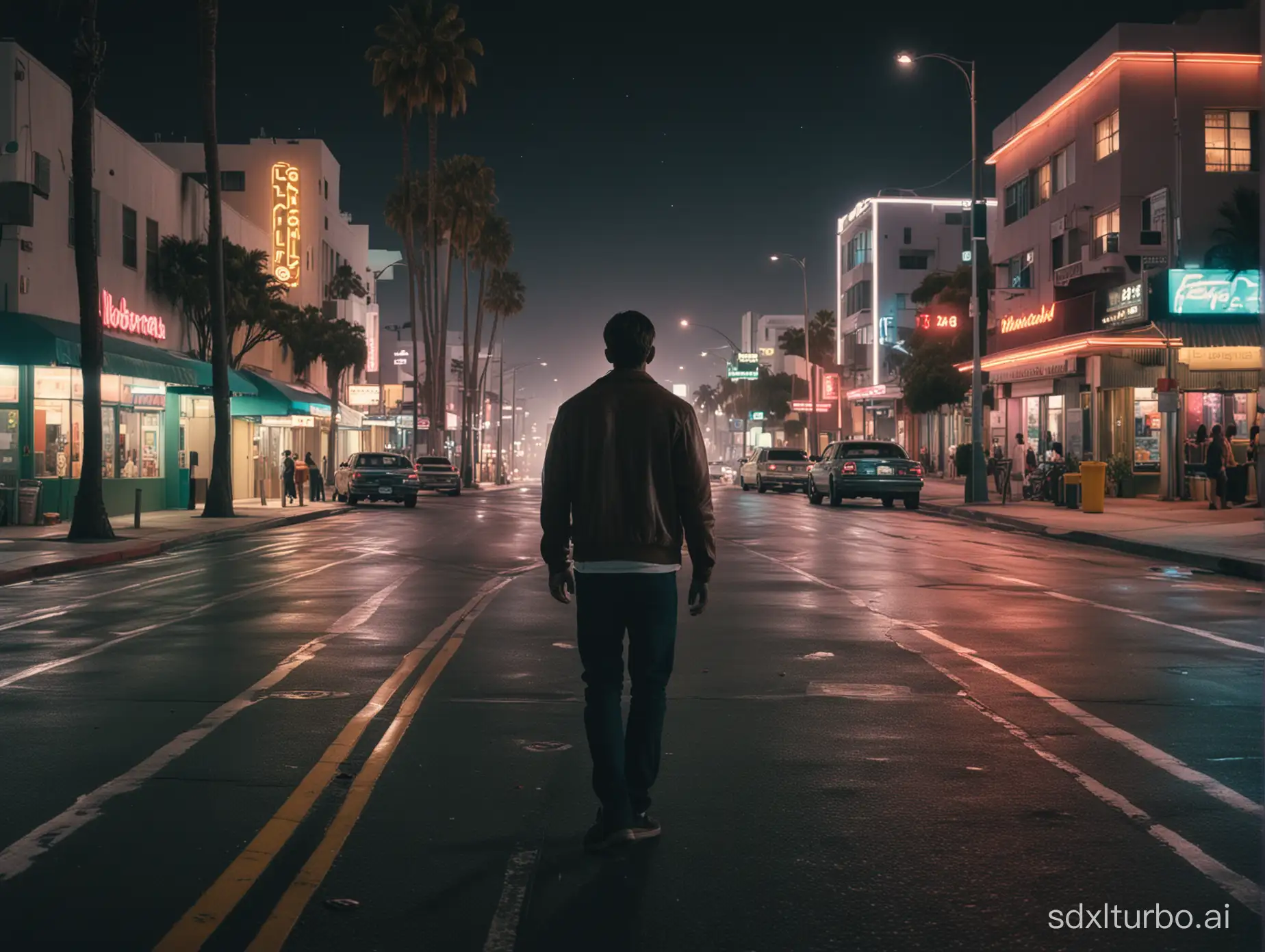 real photography, not draw. lubesky cinematographer style,  style ultrarealistic of los angeles downtons streets near the beach
, at night, with only one person lonely with his back close to the camera, ultraquality, 8k, with some futuristic buildings, very colorful, Shot in a film 4k large format with ryan gosling close to the camera, shot on kodak film stock with 21mm lens