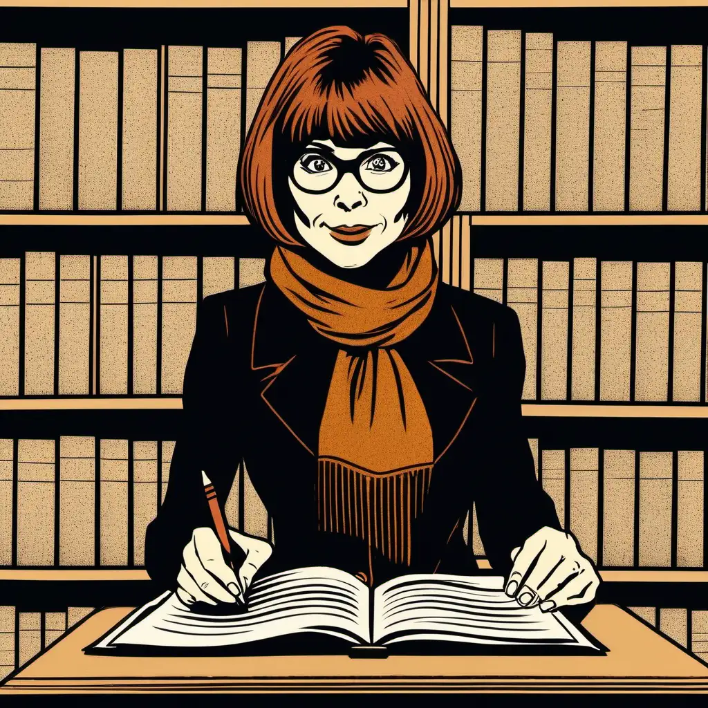 Create a colored block print style image of 45-year-old Velma Dinkley wearing a black coat and a very short brown scarf sitting inside a library and writing. Make her hair a bit longer but still shorter than shoulder length and bit puffy at the bottom and make her fringe a bit shorter. Make her nose and lips smaller and thinner. Make the library also block print. Also make her eyeglasses round.