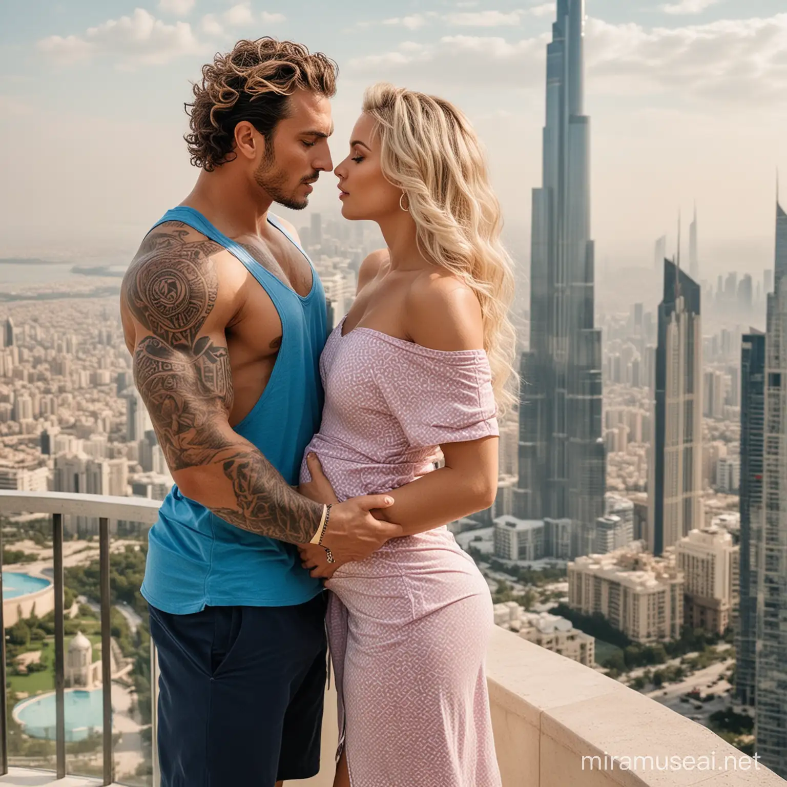 generate a picture of a muscular man who is a football player, has a checkered stomach and a big penis, has light brown short curly hair and blue color, he has tattoos on his arms. This man has a beautiful wife who is pregnant, the woman is blonde and pink, her hair is blue, they are very rich, the woman is the daughter of a king 👑, and the man is a talented soccer player. in the background a large skyscraper is visible from their luxurious 7-story high villa. The woman should be pregnant and show it the man's cute wife is also with him ♥️♥️the woman and the man are kissing , their luxury villa is on the side of the mountain is very high ,the skyscraper should be similar to Burj Khalifa in Dubai