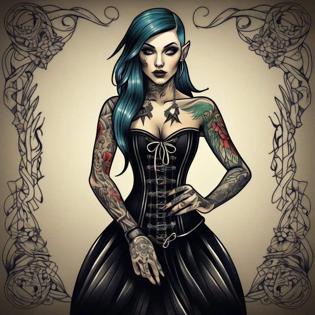 Elven Woman in Black Corset Dress with Intricate Tattoos