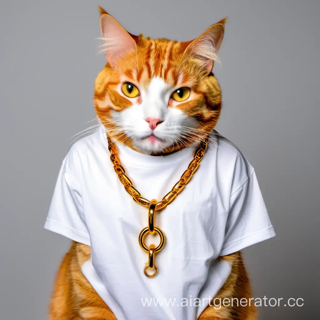Adorable-Orange-Cat-Wearing-Stylish-White-TShirt-and-Golden-Chain
