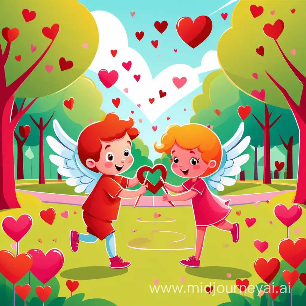 /imagine kids illustration, loving valentine’s day scene with hearts and cupid at a park, cartoon style, thick lines, low detail, vivid color - - ar 85:110