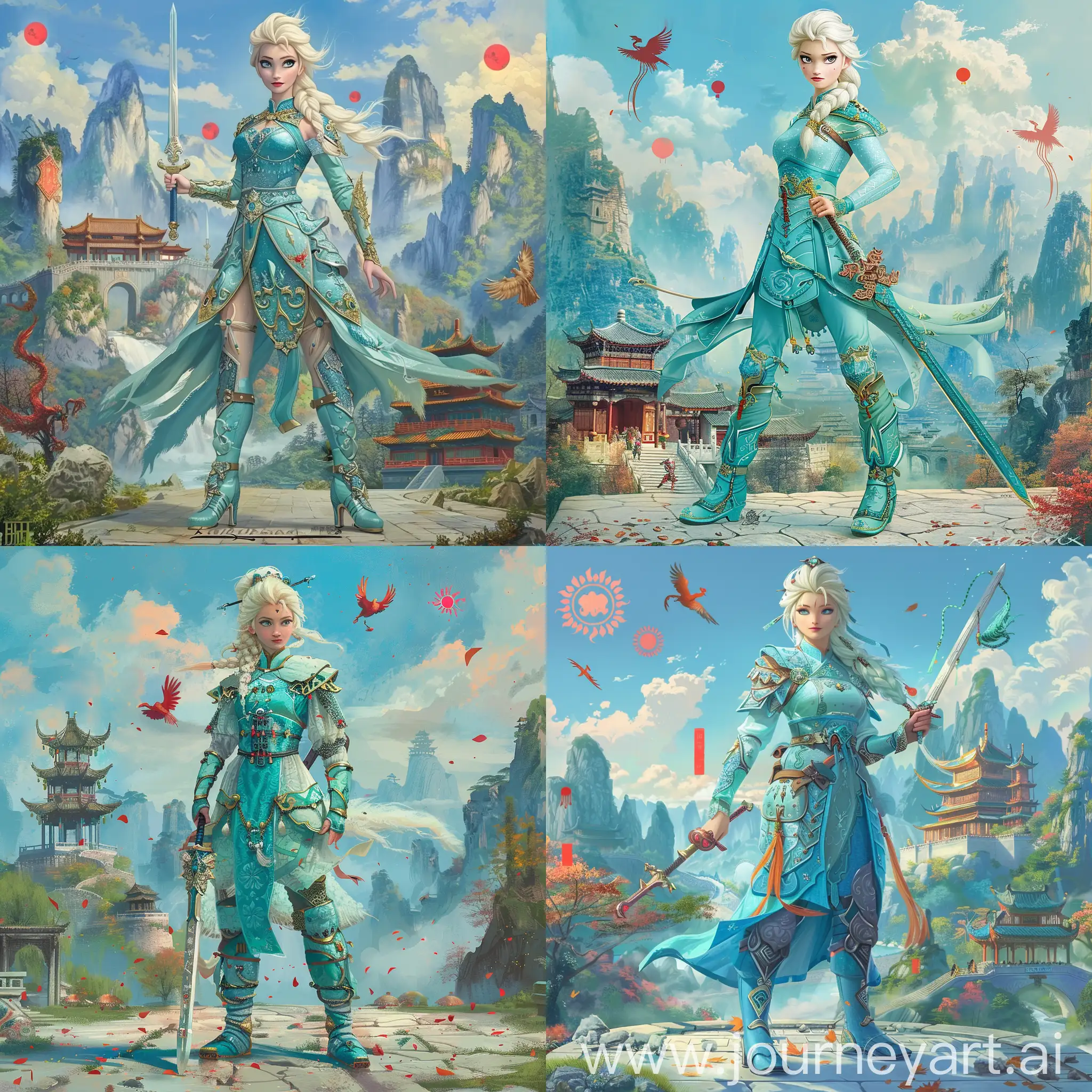 Historic painting style:

a Disney Norwegian Princess Elsa, she wears light blue and turquoise color Chinese style medieval armor and boots, she holds a Chinese sword in right hand, 

Chinese Guilin mountains and temple as background, small phoenix and three small red suns in blue sky.