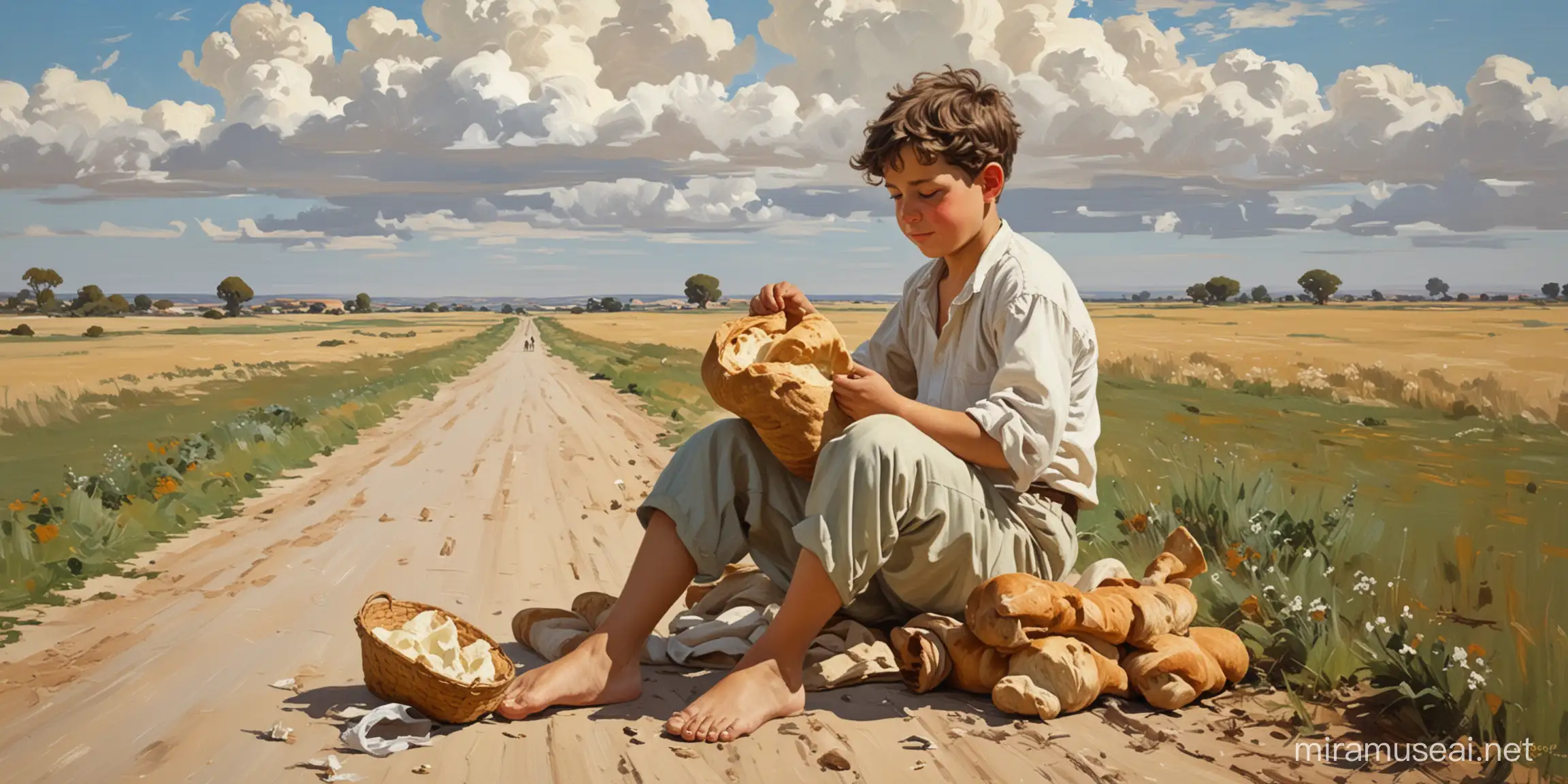 Tired Boy Resting by the Roadside with Bread and Water SorollaInspired Field Scene