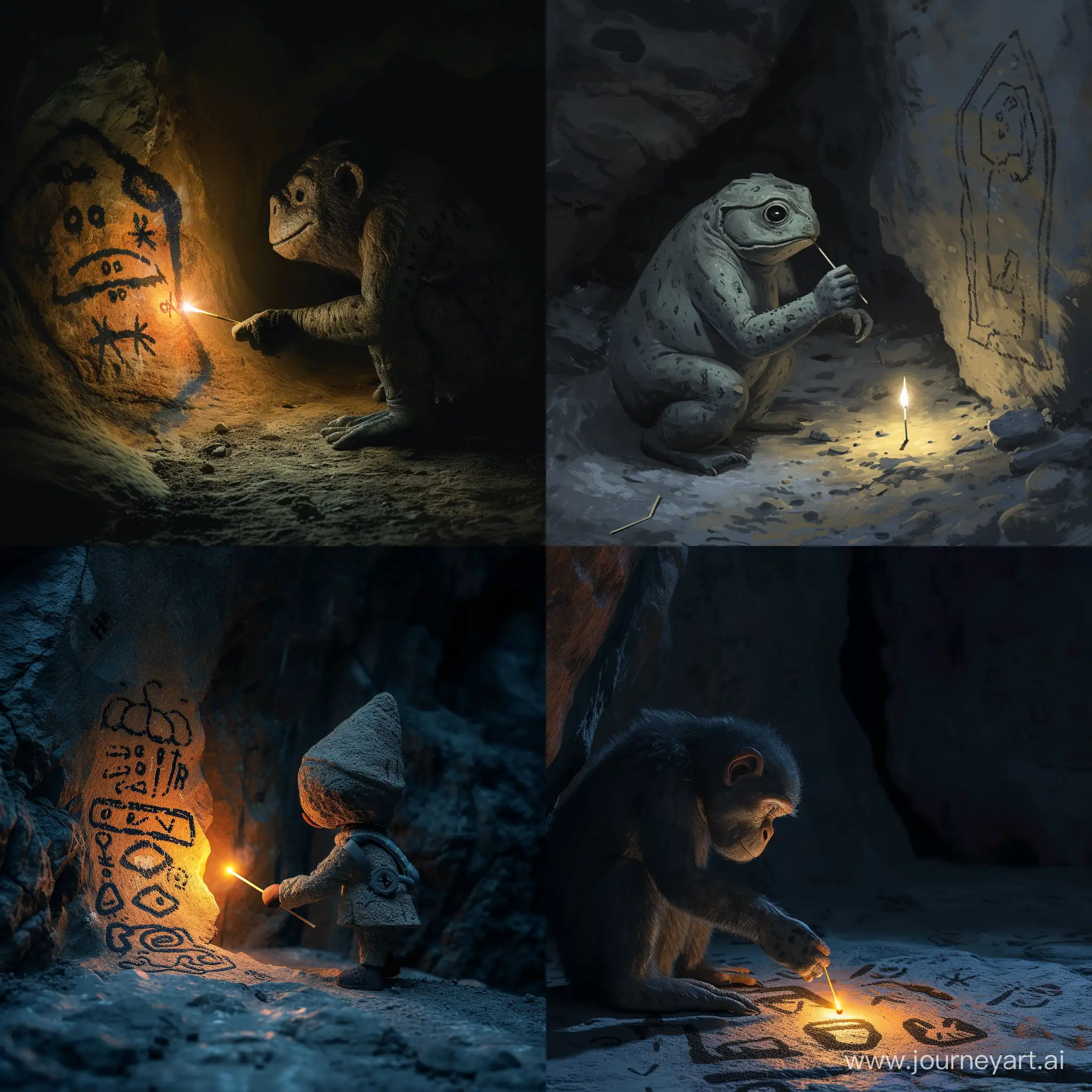 Realistic. Overweight BitBoy Crypto inspecting prehistoric cave art by match light in a dark cave.