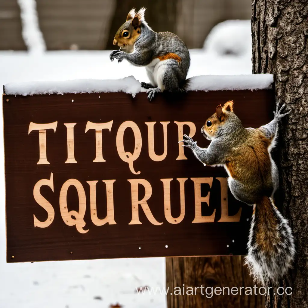 Winter-Scene-Squirrel-and-Titmouse-Admire-Snowy-Wooden-Sign