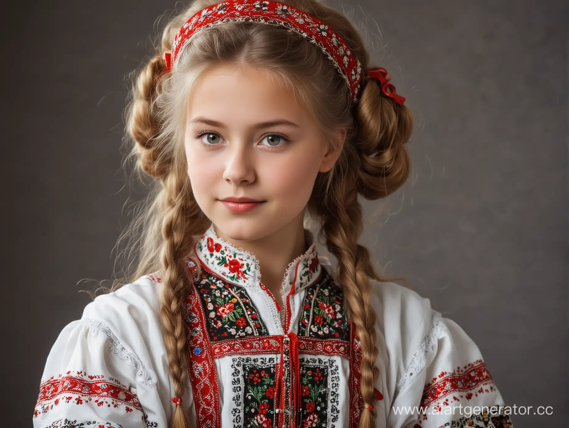 a girl in a Russian folk costume with lush hair