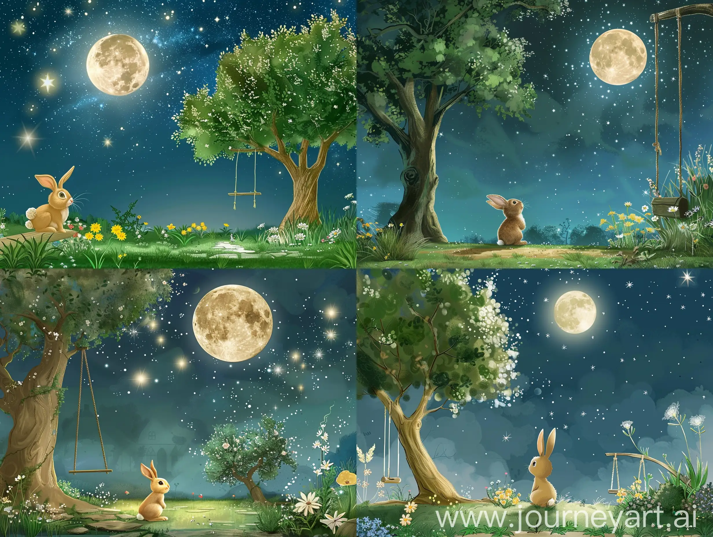 一个宁静的夜晚，小兔子杰米在他的后院里仰望星空，月亮圆圆的，星星闪烁。后院里有一棵大树，一个秋千，以及一些花草。