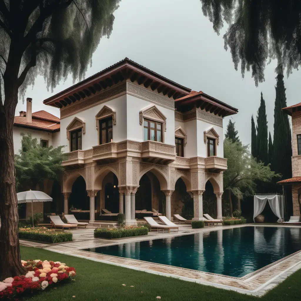A villa , ottaman Mediterranean architecture, wood and stone facade, a big garden, tees,flowers and people, a muslim 
girl in the garden, rainy,swiimming pool 
