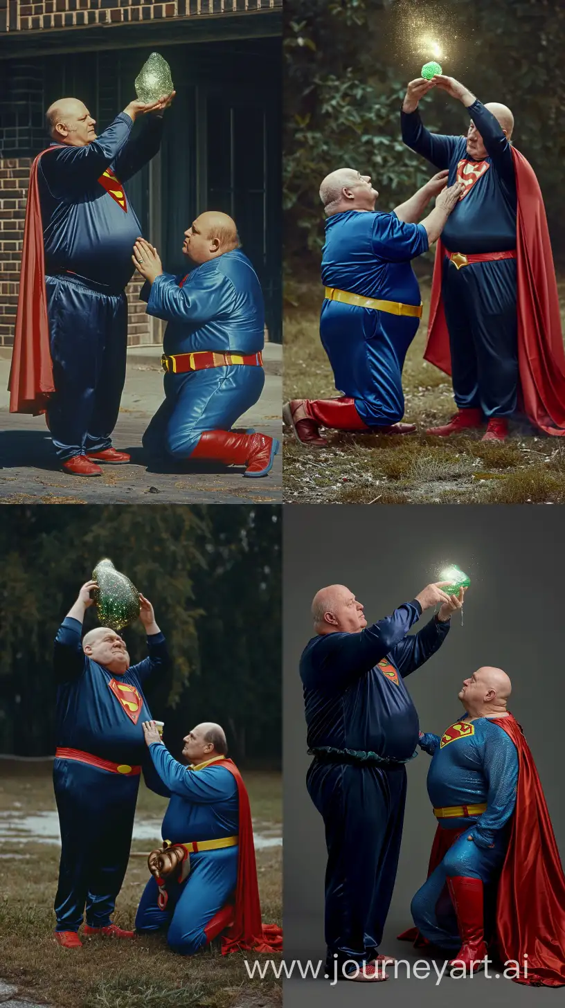 Elderly-Superhero-Ritual-Placing-Glowing-Rock-on-Supermans-Head
